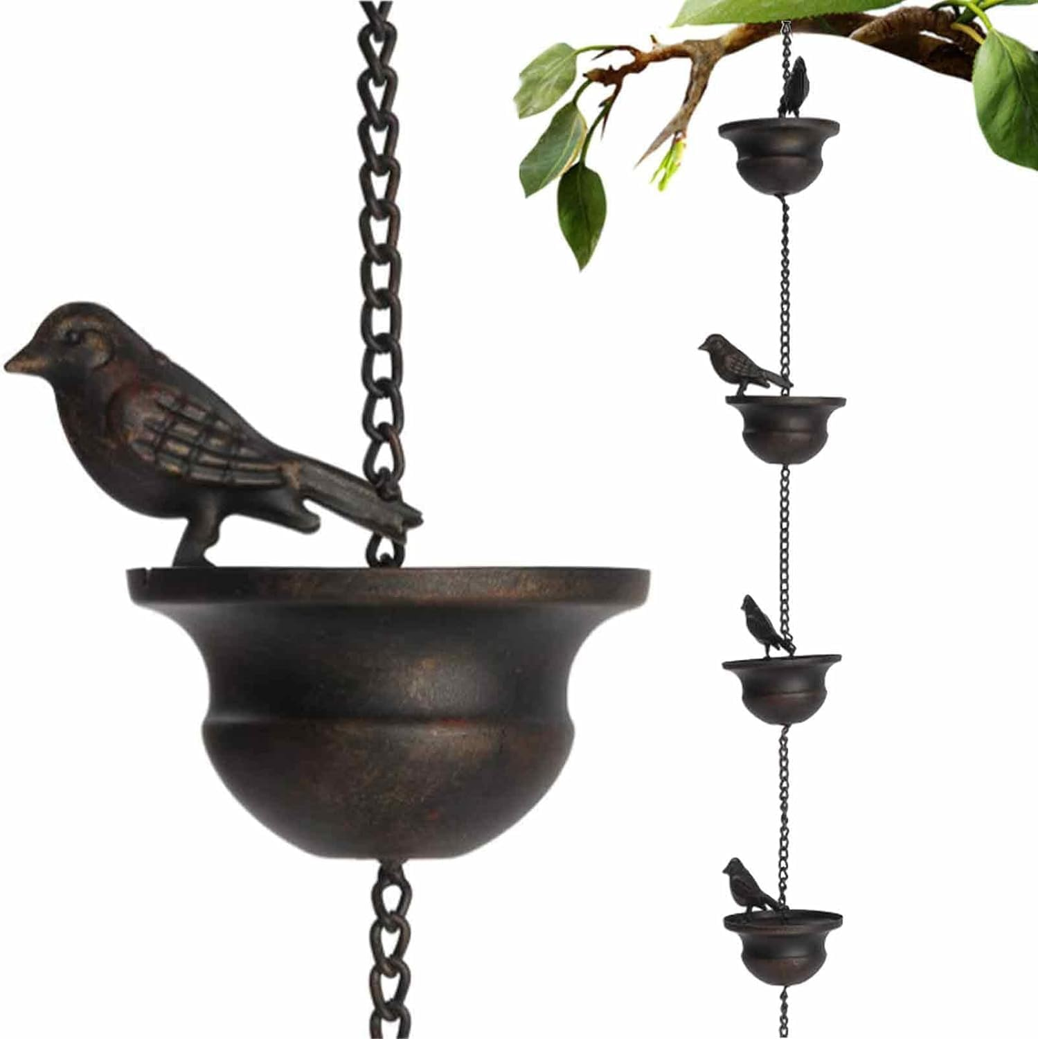 Rain Chain, Rain Chains for Gutters Downspout for Outside, Bird Shape, Rainwater Diverter Catcher Chains with 8 Cups and Hook, Garden & Home Decor