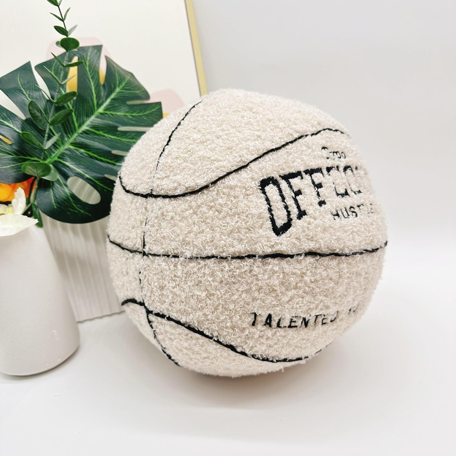 2023 New Offcourt Basketball Pillow, 11" Shaped Teddy Fleece Embroidered Throw Pillow, Fuzzy Plush Toy Gifts for Kids Boys Girls (Beige) - Beige image number 5