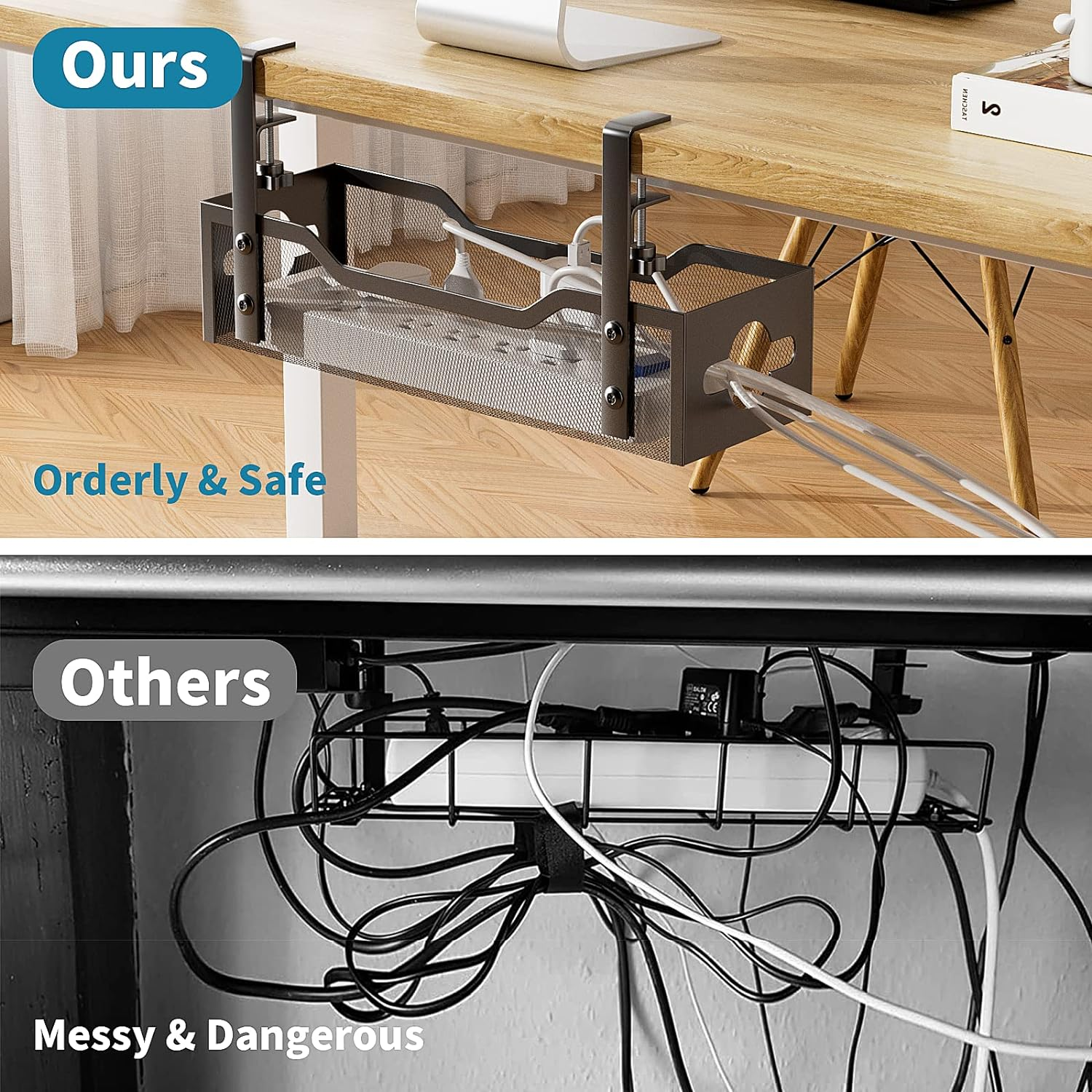 Litwaro under Desk Cable Management Tray, No Drill, Organizer with Clamp Easy to Install for Standing Cord Organizer, Wire Damage Desk, Black, 13.38''-2 Pack image number 7