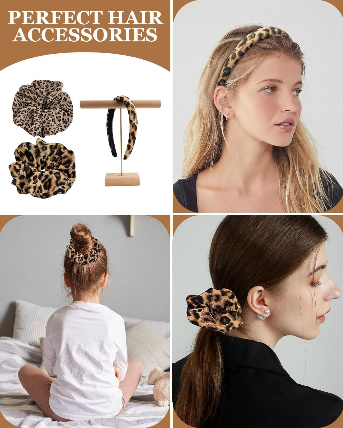 JUKOTA 2 X Hair Bands for Women Leopard Print Scrunchies Strong Hold Hair Bobbles Extra Large Scrunchie for Thick Hair, Leopard Print, Scrunchies, with 1 Leopard Headband, Hair Band