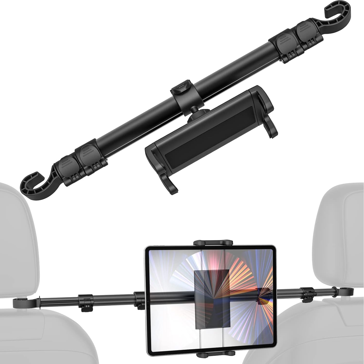 Car Headrest Tablet Mount, EXSHOW 32.67 Inch between Seat Ipad Holder, Back Seat Stretchable Long Arm Phone Stand, Backseat Mount for Kids Fits Ipad Pro 12.9 Air Mini, Galaxy Tabs, 4-13" Device