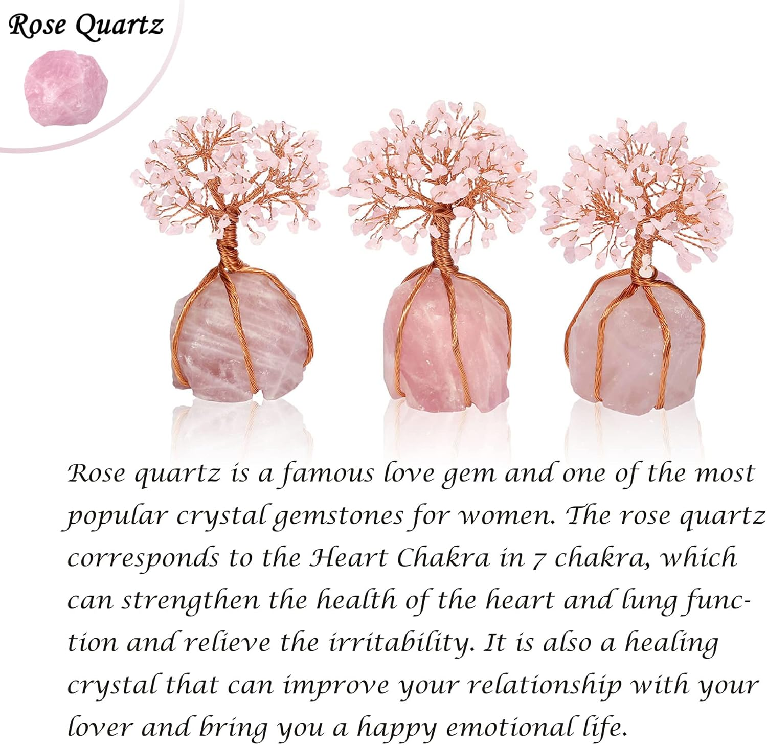 (Rose Quartz) - Top Plaza Chakra Healing Crystals Copper Money Tree Wrapped on Natural Rose Quartz Base Feng Shui Luck Figurine image number 4