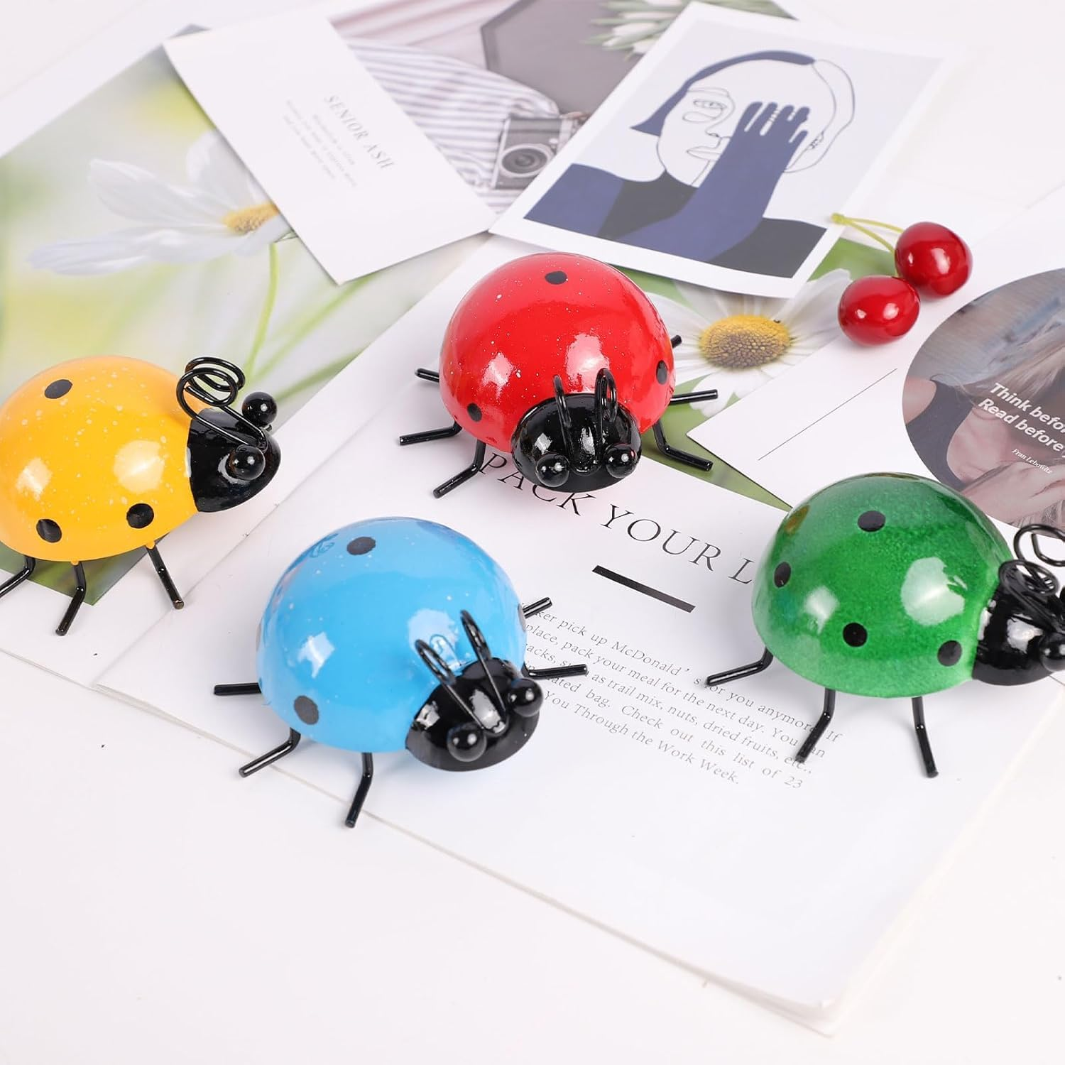 4 Color Metal Ladybugs Garden Decoration, Cute Craft Statue Outdoor Fence Tree Decoration Iron Beetle Wall Hanging Ornament Home Hanging Decorations Ladybugs image number 5