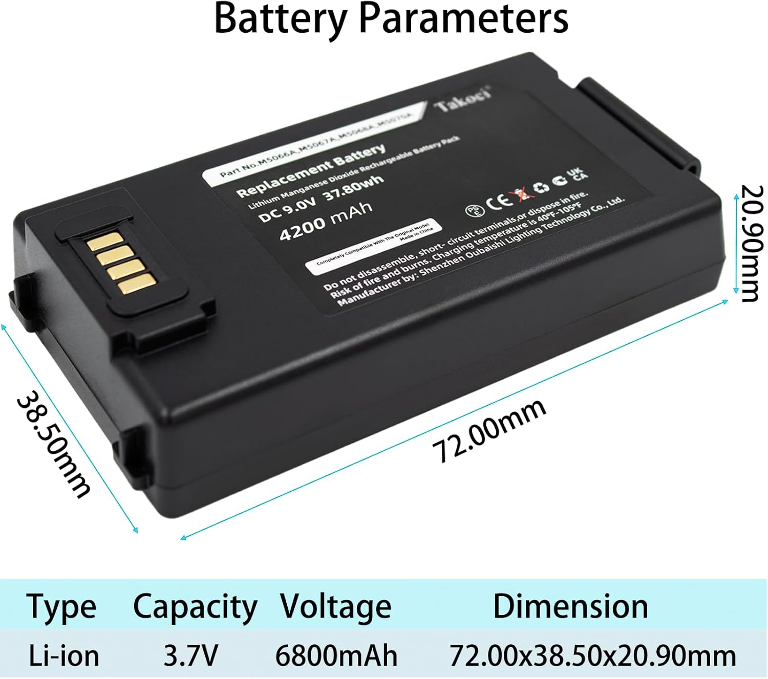 M5070A Battery Replacement Compatible with Hear/Tstart Onsite HS1 Frx M5066A M5067A M5068A 4200Mah/9V image number 5