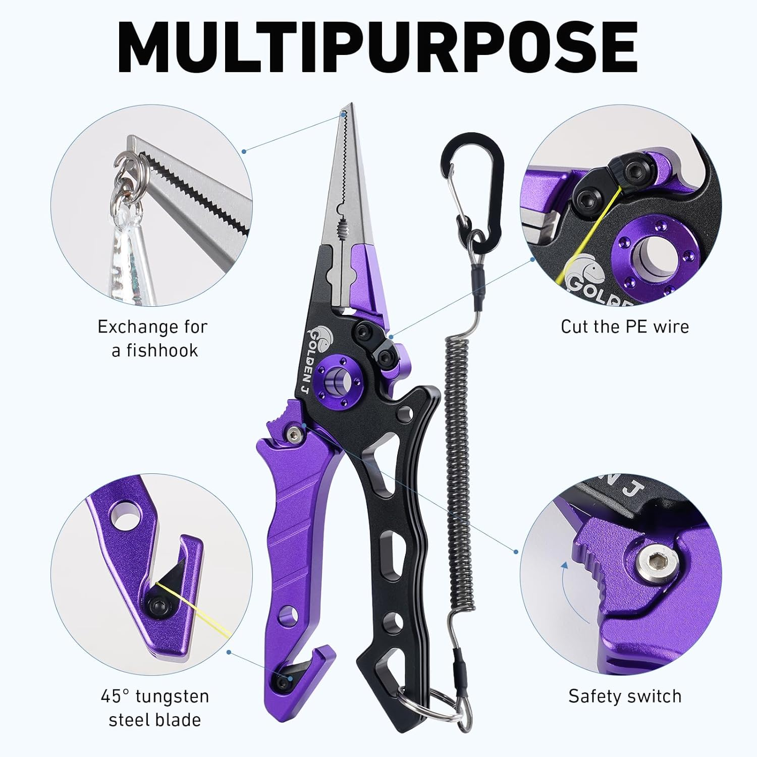 Golden J Fish Lip Gripper & Multi-Function Fishing Pliers Set - High-Strength Aluminum & Stainless Steel, Hook Remover, Split Ring Pliers, Line Cutter, Ideal for Ice, Surf, Lure Fishing image number 6