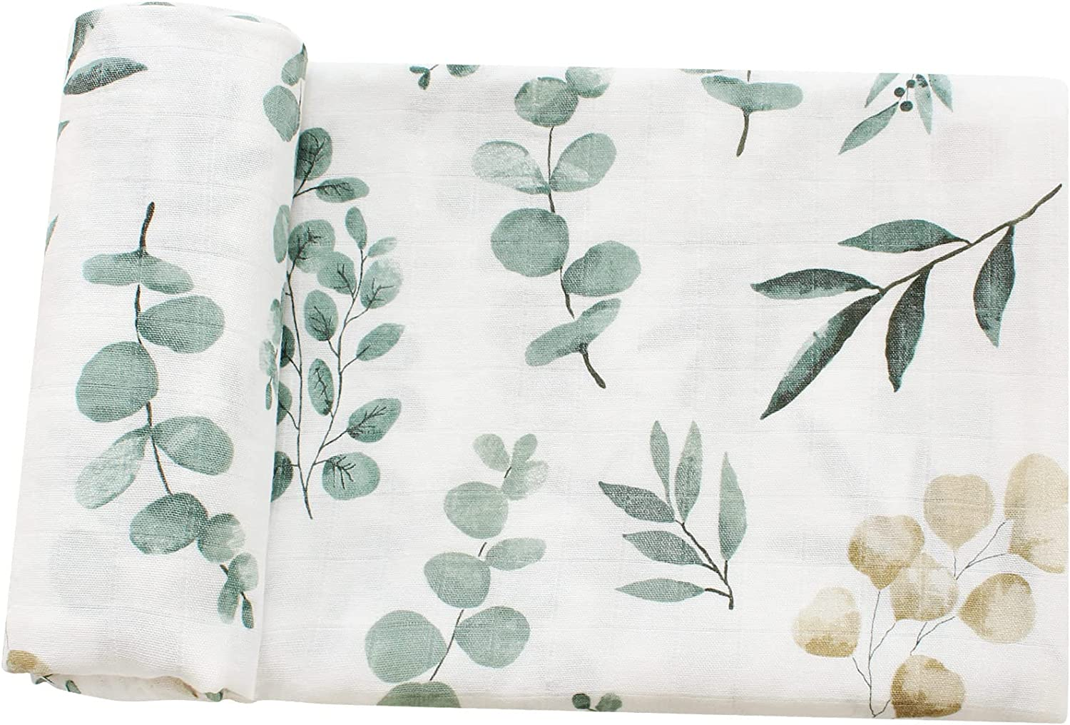 Lifetree Baby Swaddle Blankets, Muslin Wraps Unisex Newborn Receiving Blanket for Boys & Girls, 70% Viscose from Bamboo and 30% Cotton, Soft, Breathable, Large 120 X 120Cm Eucalyptus Pattern