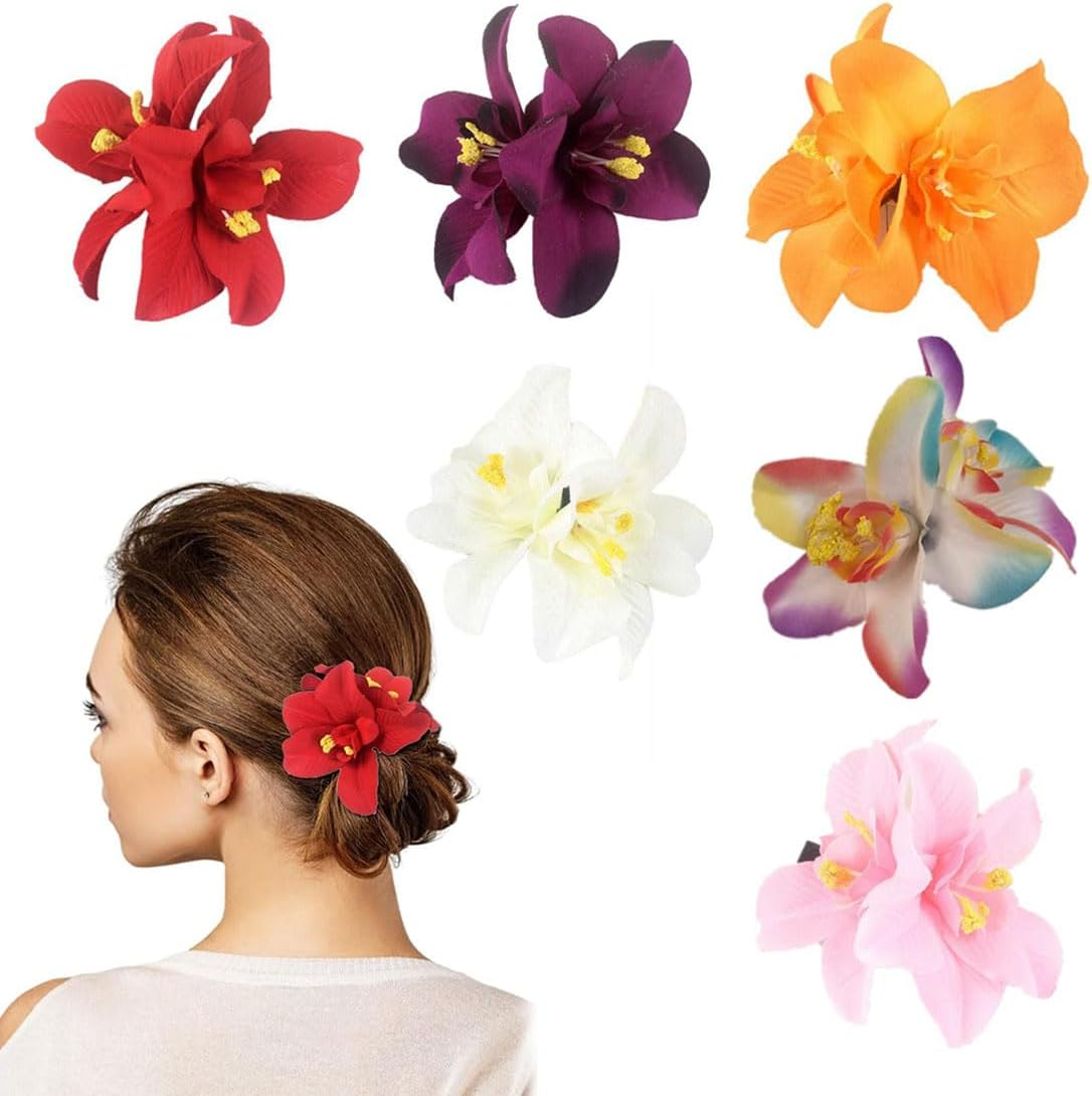 SIRLOMU Pack of 6 Hawaii Double Orchid Clips, Flower Clips for Women and Girls, Children'S Jewellery, Women Party Styling Needles for Wedding and Holiday, Artificial Flowers (Colourful) image number 1
