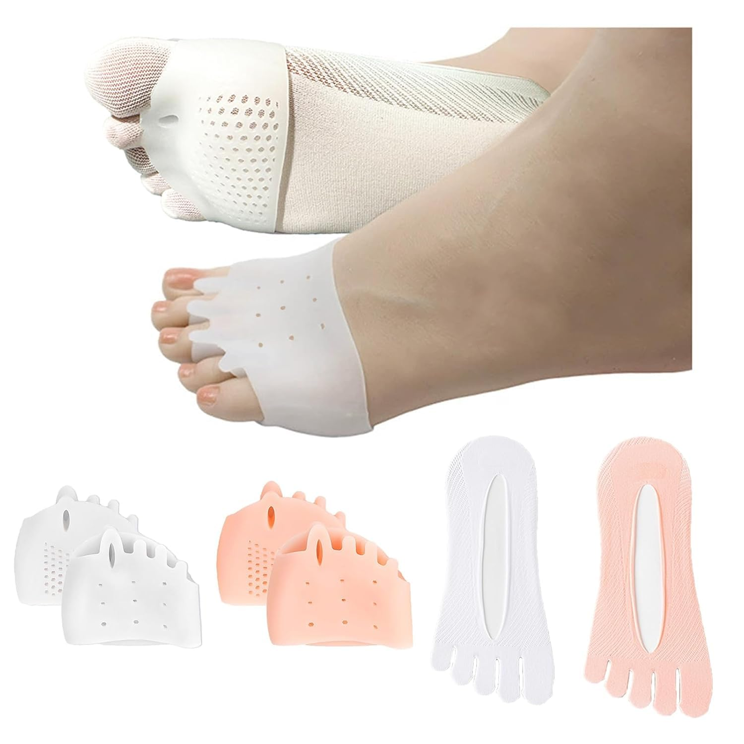 Silicone Toe Separators with 2 Pairs Toe Socks for Women, Toe Straightener, Yoga Toes Toe Separators for Overlapping Toes to Foot Pressure Relief (2Pairs Toe Separators + 2Pairs Toe Socks) image number 3
