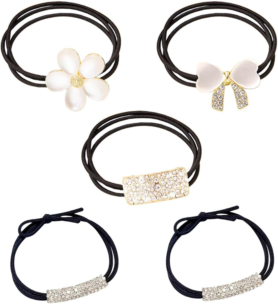 Gaodercha Pack of 5 Sparkling Rhinestone Ponytail Hair Ties 4 Styles Elegant Hair Accessories Decorative Fashion Silver Butterfly Knot Flower Ponytail Holder Bling Hair Accessories for Women Girls image number 2