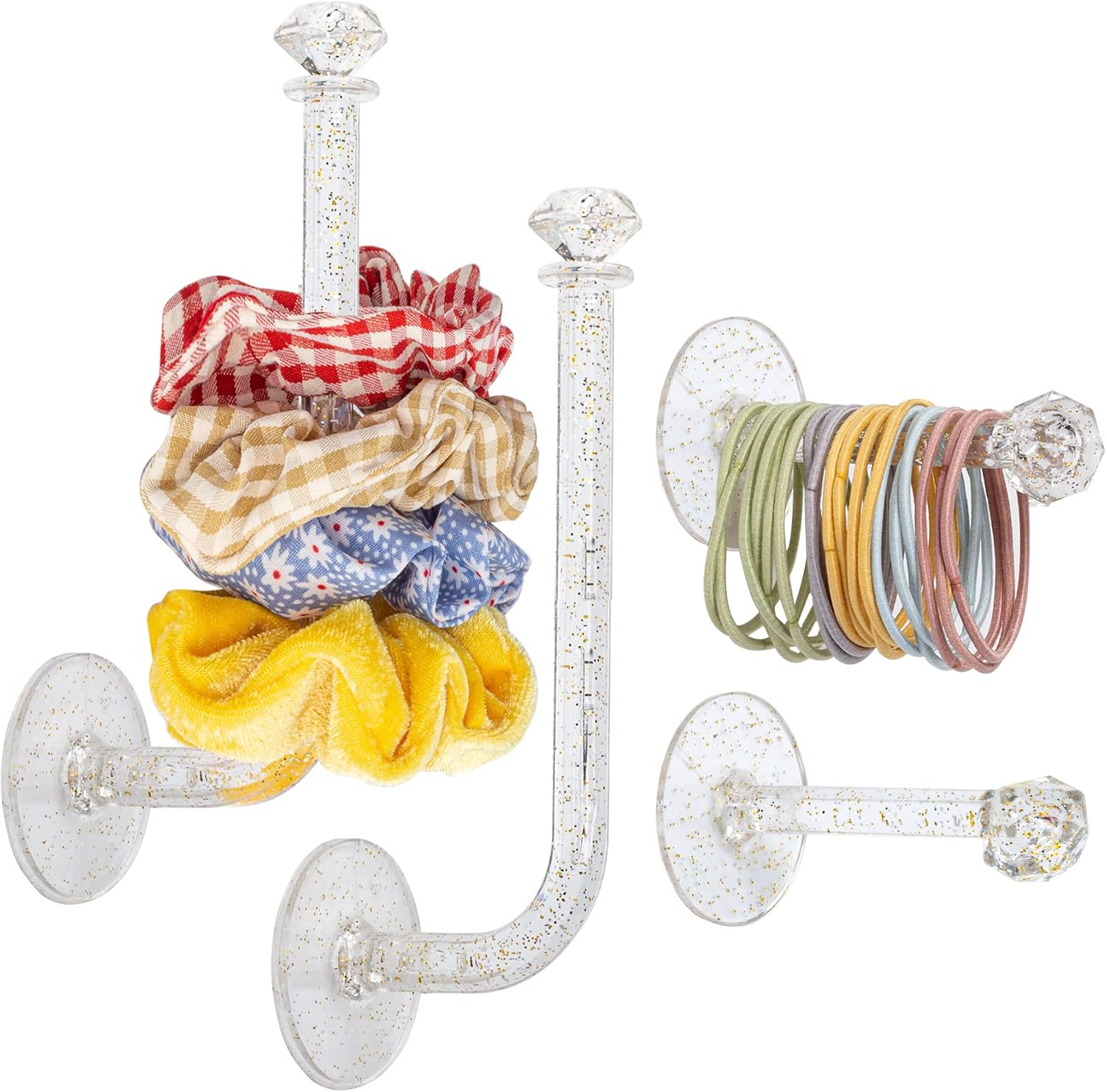 4Pcs Headband Holder Stand Scrunchie Organizer, Girls Hair Accessories Organizer Storage for Headband Hairband Hair Ties, Clear Glitter Adhesive Scrunchy Holder Scrunchie Storage