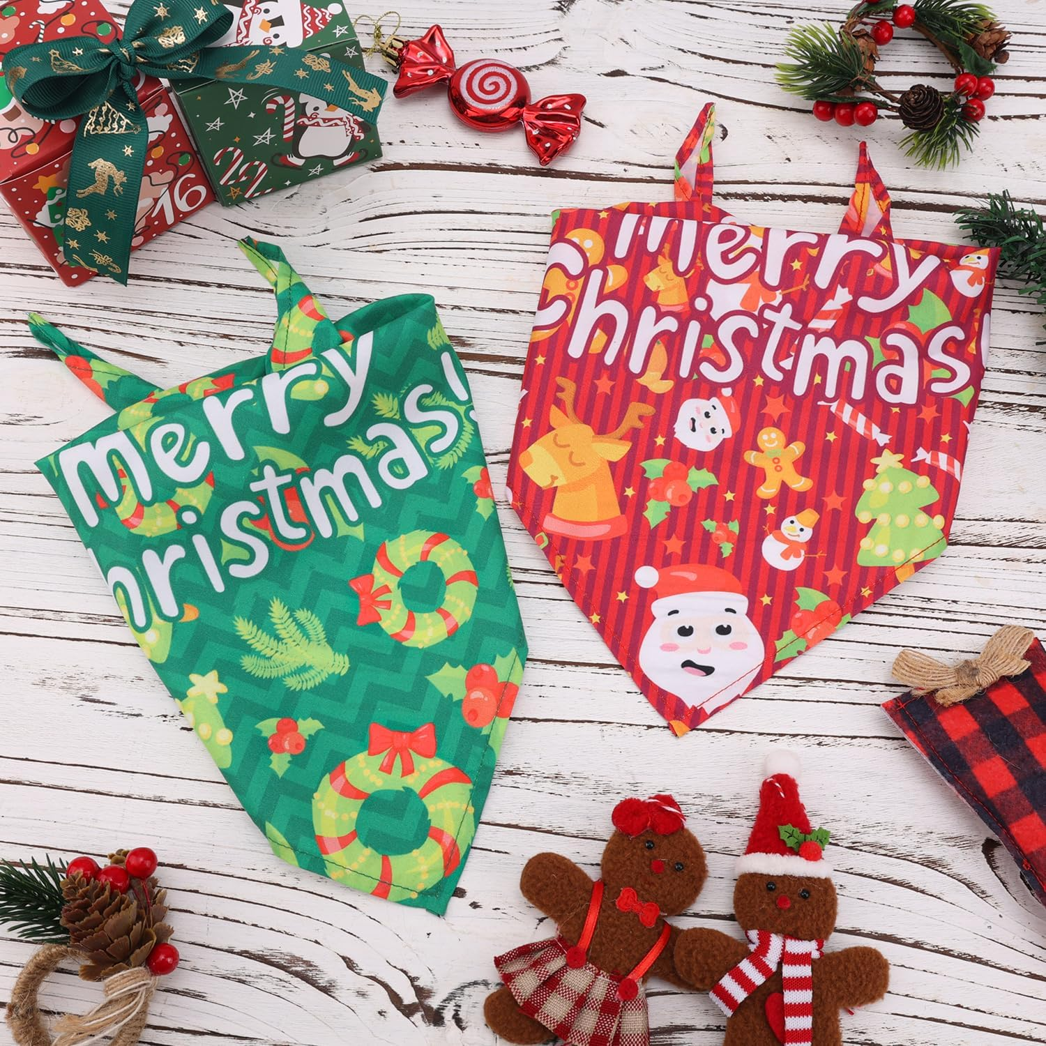 2Pcs Christmas Dog Bandannas, Merry Christmas Plaid Print Pet Triangle Scarf Adjustable Washable Holiday Xmas Costume for Small Medium Large Dog & Cat (Style A) image number 3
