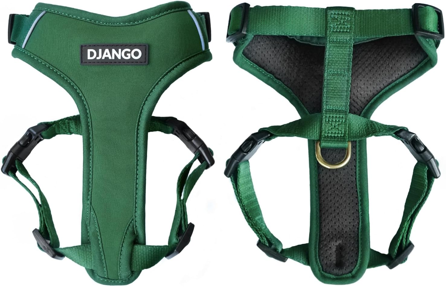 DJANGO Adventure Dog Harness - Stylish and Durable Medium Dog Harness for Outdoor Adventures and Everyday Wear - Forest Green Neoprene Adjustable Harness for Dogs with Reflective Piping, Brass D-Ring image number 5