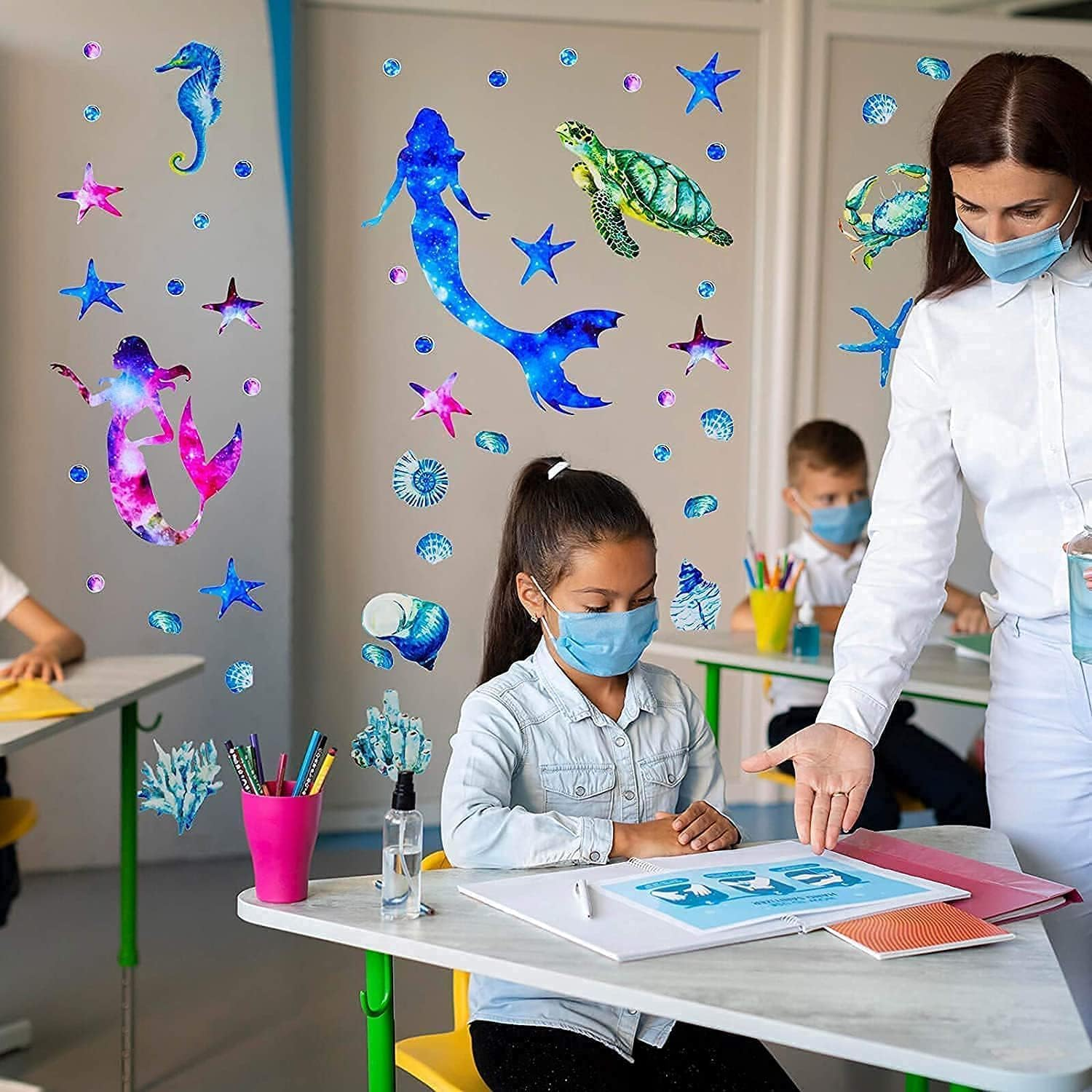 Ocean Mermaid Wall Decals, 2 Sheets Removable Mermaid Wall Stickers for Bedroom, Sea Mermaid Turtle Wall Stickers for Bathroom and Kids Bedroom Decor image number 4