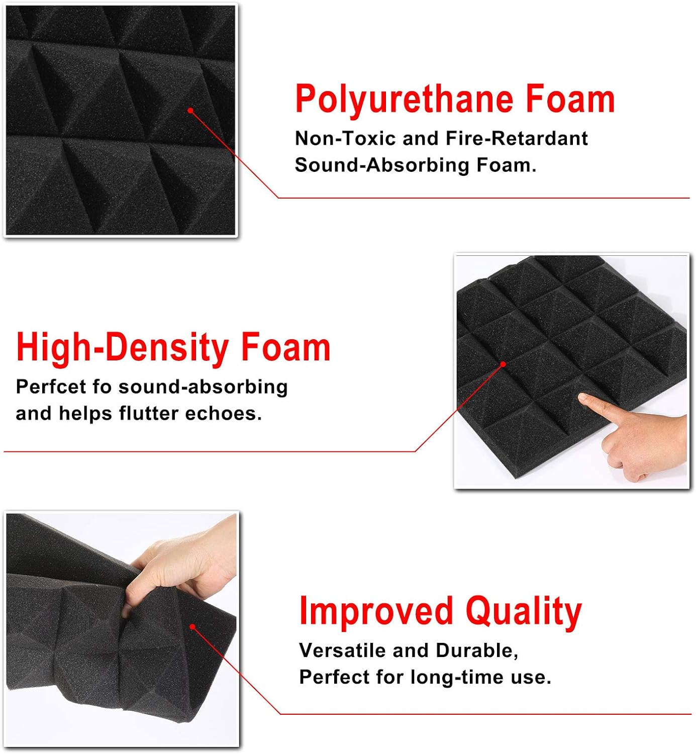 Acoustic Foam Tiles, 24 Packs Soundproof Studio Foams 25X25X5Cm Black and Grey Pyramid Acoustic Panels Home Studio Sound Treatment, for Recording Studio, TV Room, Kid&rsquo;S Room, Office, Podcast image number 3