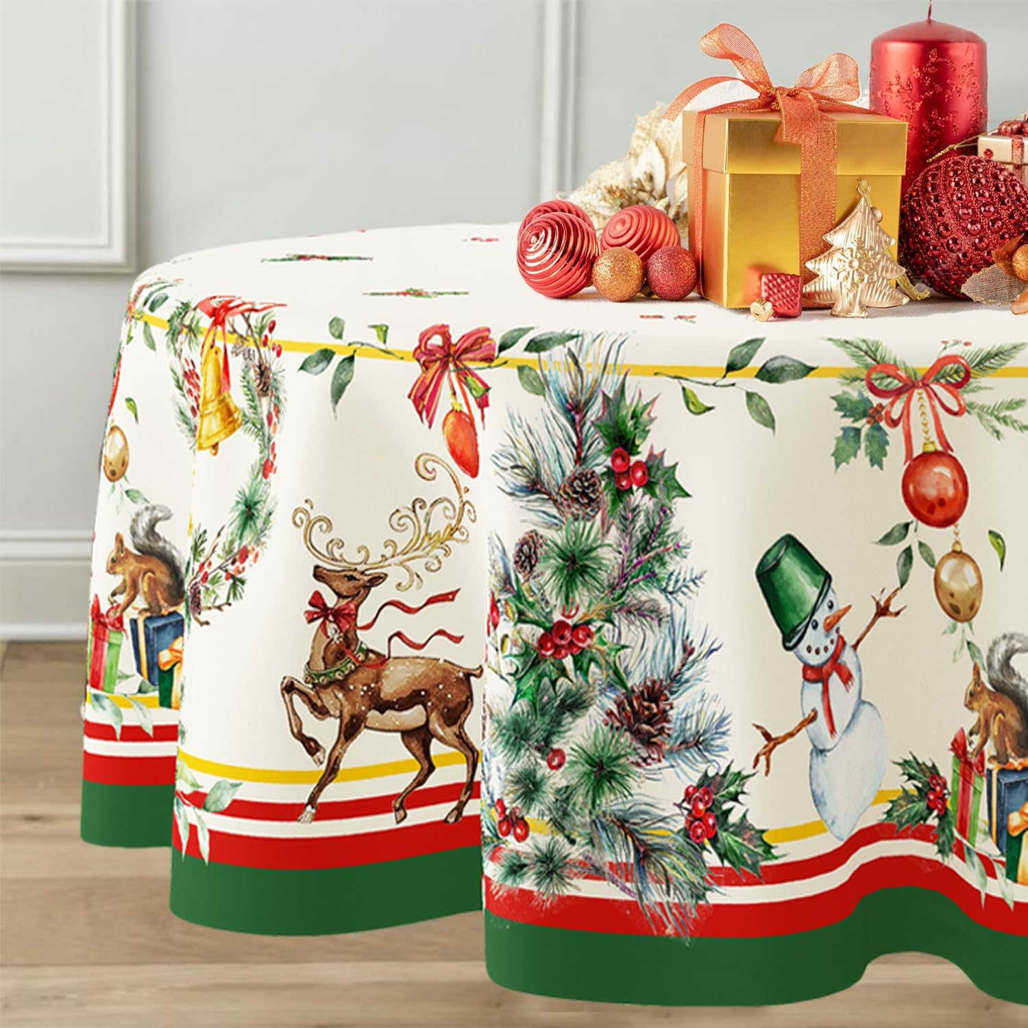 Yighty round Christmas Tablecloth 60 X 60In,Christmas Tree Elk Holiday Decoration Table Cloth,Polyester Waterproof and Wrinkle-Resistant Durable Christmas Tablecloth for Kitchen,Winter and Home Decor image number 5