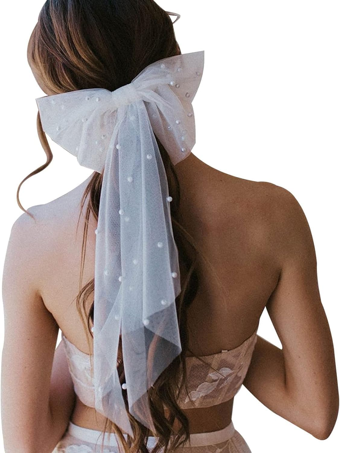 Kuskins White Bridal Hair Bow Veil with Pearl - Large Bride Hair Clip Accessories for Bachelorette Party, Bridal Shower, Wedding & Bach Party Decorations (Elegant Bridal Gift) image number 1