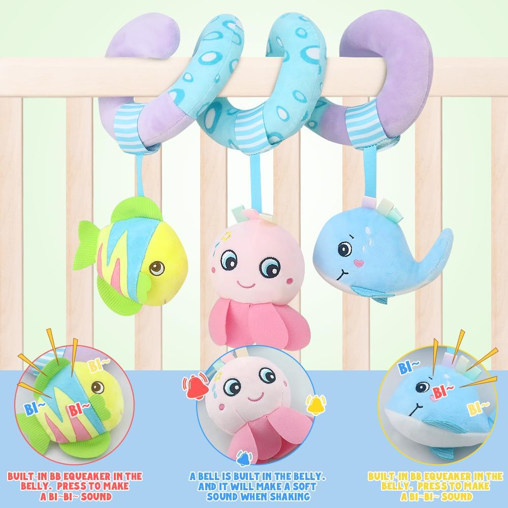 Baby Activity Spiral Plush Car Seat Toys, Stroller Bar Toys with Bell for Boy or Girl(Ocean)