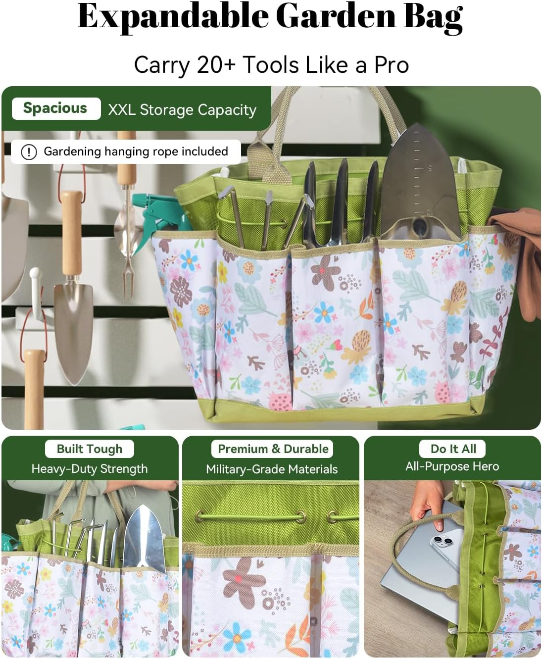 Gardening Tools Set 9-Piece Heavy-Duty Gardening Hand Tools with Floral Tote Bag, Stainless Steel Garden Supplies Kit Ideal Gardening Gifts for Women Mom Wife Green image number 2