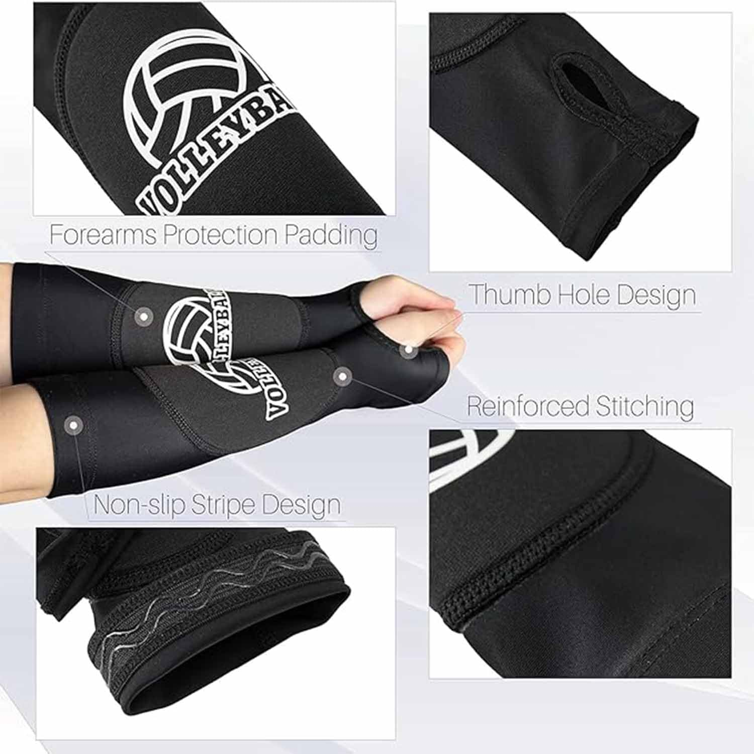 2 Pcsthick Volleyball Arm Sleeves, Passing Forearm Arm Sleeves with Protective Pads Training for Volleyball Baseball Training Women Men（Black, Gray） image number 2