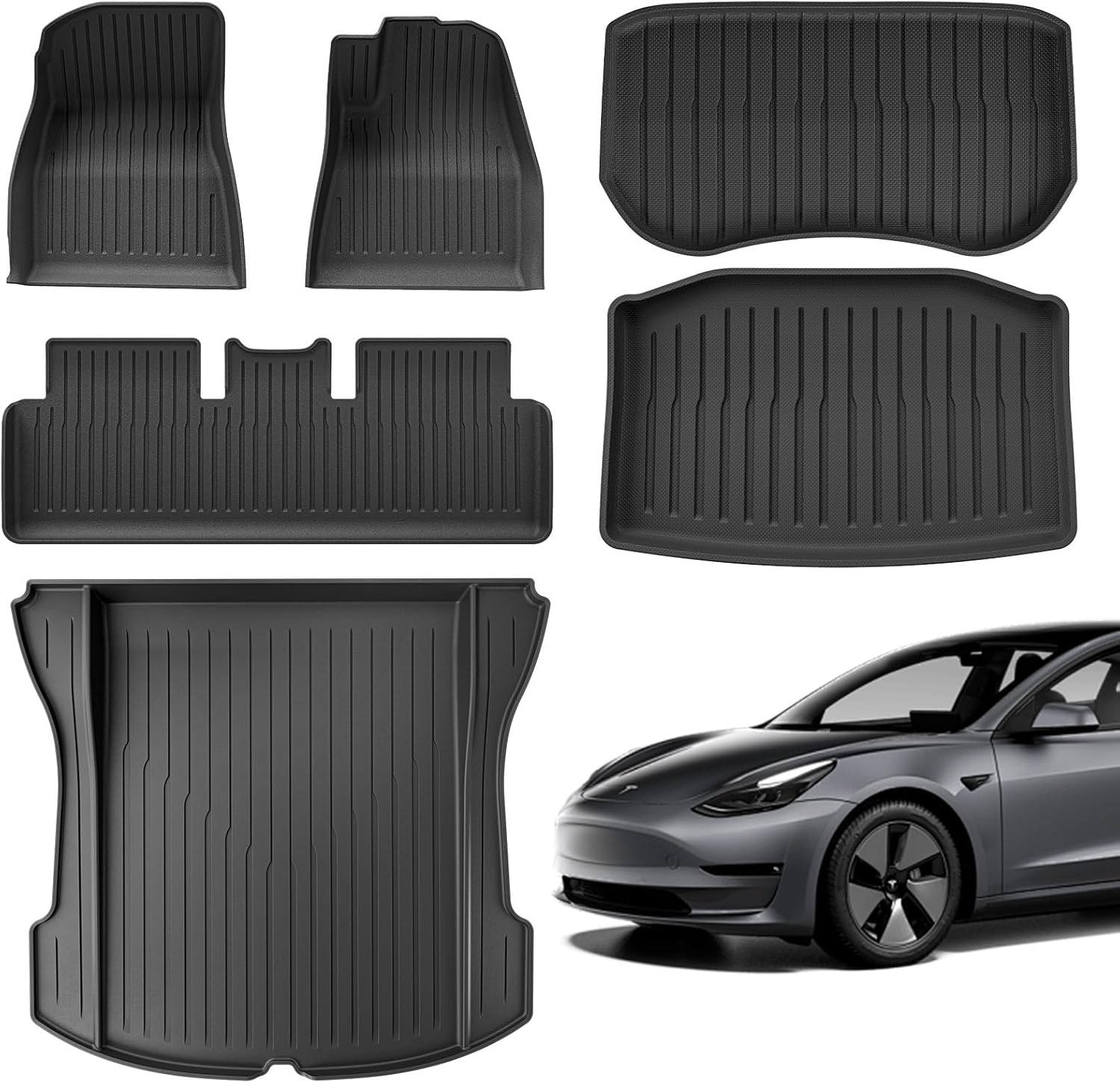 MCEVKELN 2024-2025 Tesla Model 3 Highland Floor Mats- Custom Fit All Weather TPE Cargo Liner Cargo Trunk Accessories,Compatible(Model 3 Full Floor Mat Kit Set of 6) image number 4