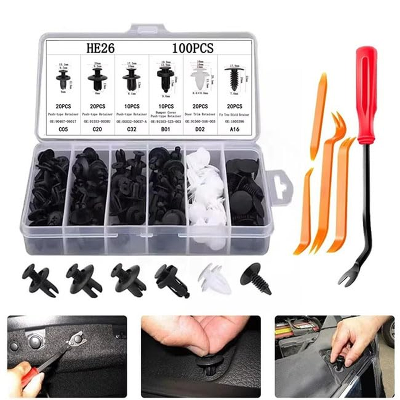 100-Piece G-Eneral M-Otors Clip Fixing Set, Including Disassembly Tools for Clip Repair, Black and White Plastic Rivets, Suitable for Most Vehicle Models image number 4