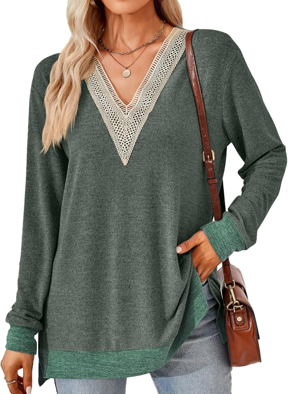 Womens Long Sleeve Shirts V-Neck Lace Tops Women'S Tops Long Sleeve V-Neck Shirts Fall Tops for Women Lace Shirt. image number 3