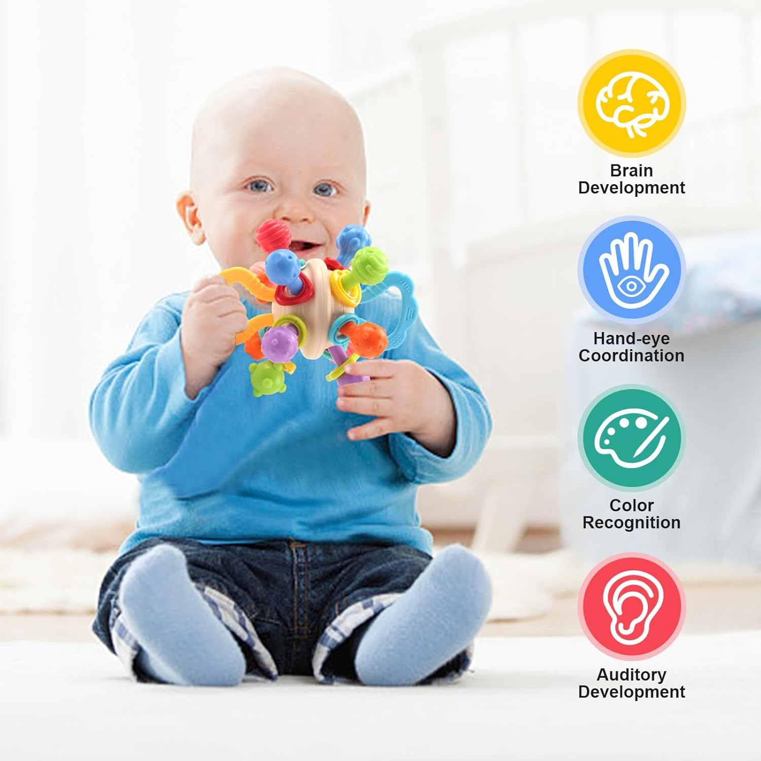 Jenilily Baby Newborn Rattles Chew Toys, Sensory Montessori Toy Infant Teething Relief Teether, Gifts for 0 3 6 9 12 18 Months Girl Boy Toddler Travel Toy image number 6
