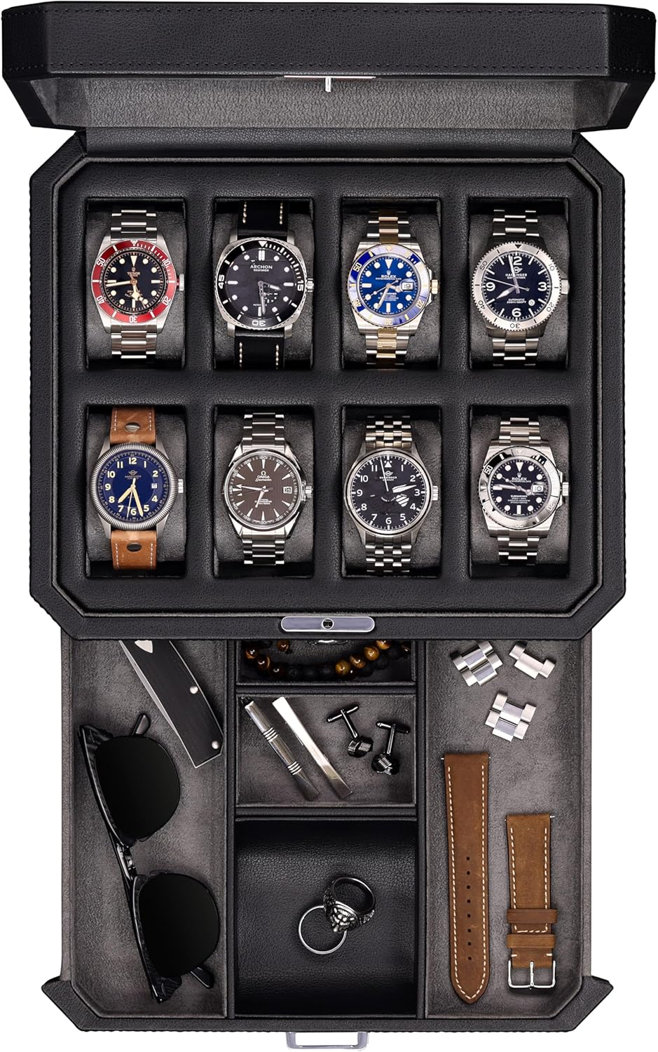 ROTHWELL 8 Slot Leather Watch Box with Valet Drawer - Luxury Watch Case Display Jewelry Organizer, Locking Watch Display Case Holder with Real Glass Top - Watch Box Organizer for Men & Women (Carbon) - 6 Pitches - Black/Red image number 5