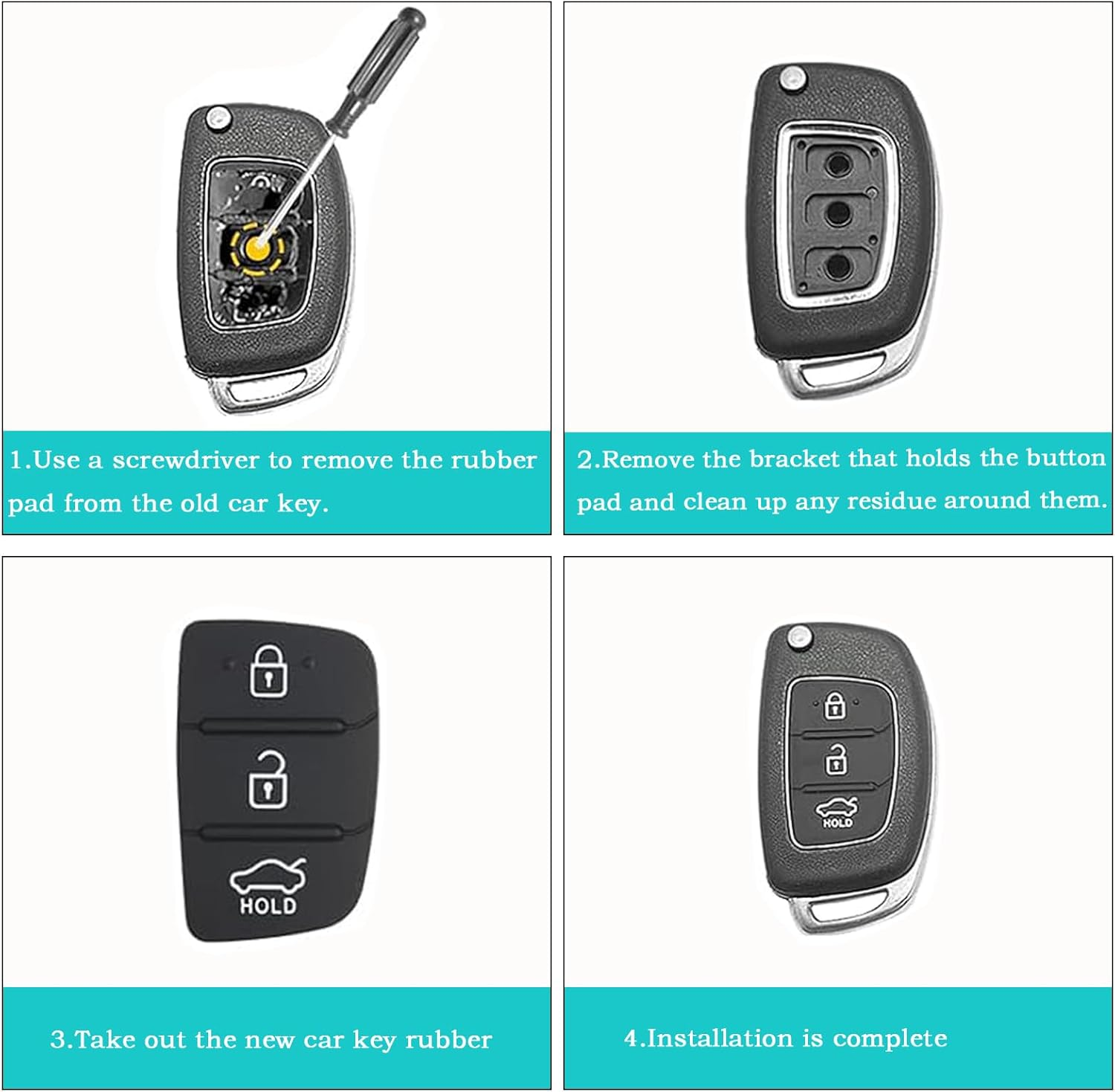 2 Pack 3-Button Rubber Key Pads Key Fob Case for Hyundai I10 I20 I30 IX35 Ix45,Black,Bonlaer image number 3