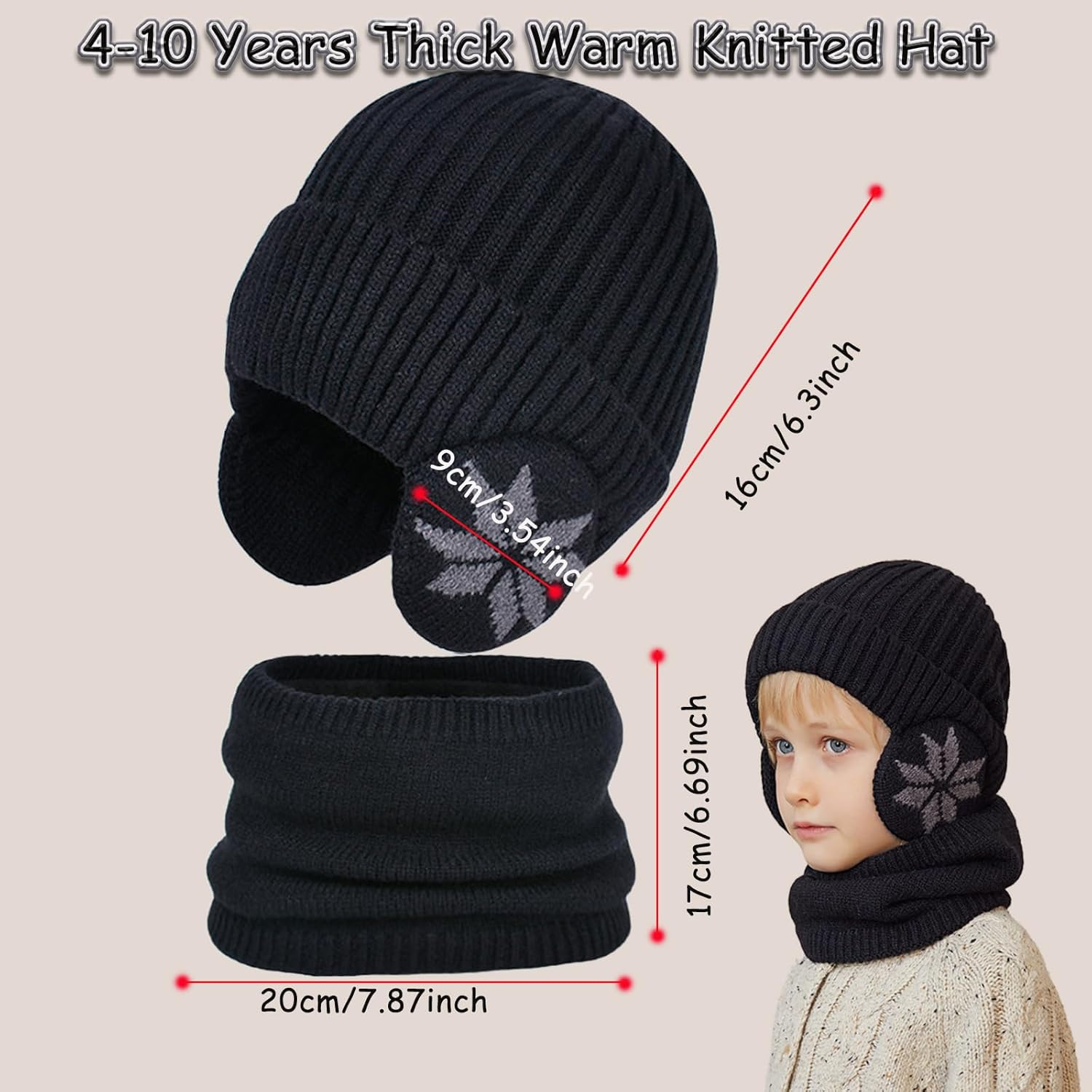 4-10 Years Kids Winter Knitted Earflap Cap Scarf Set Fleece Lined Earflap Beanies Hat Cosy Baby Warm Hat with Neck Warmer Windproof Outdoor Ski Beanies Cap Knitted Crochet Cap Children Handmade Hat image number 2