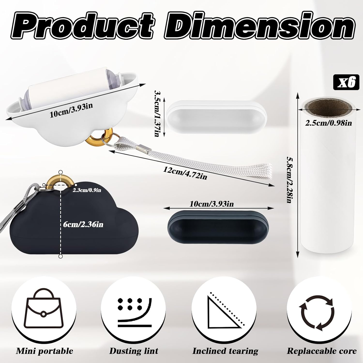 2 Pack Travel Portable Lint Roller with Hand Strap, Reusable Mini Lint Rollers with 6 Refill, Lint Remover for Clothes Bag (Black+White) image number 6