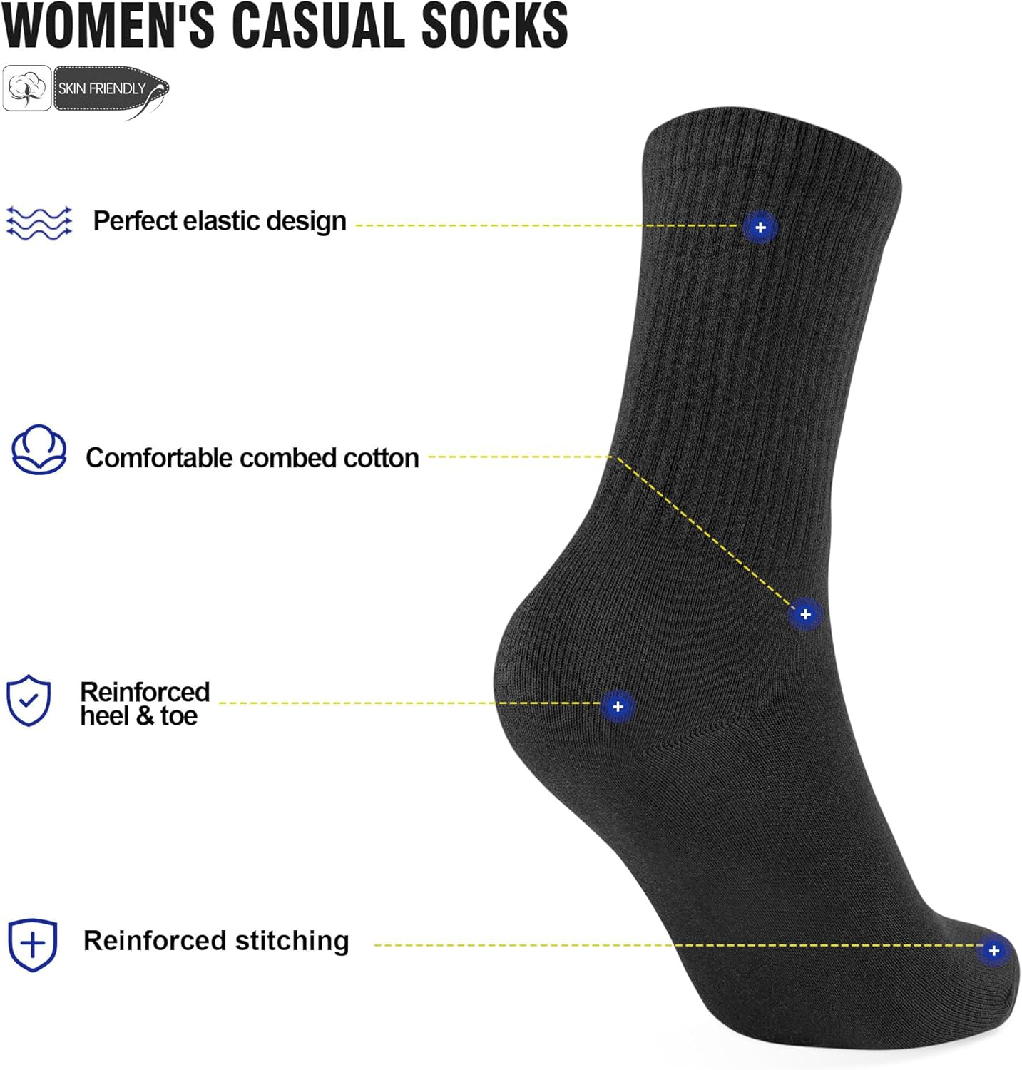 3-6 Pairs Crew Socks Women,Casual Athletic Aesthetic Socks Combed Cotton Socks for Women Granola Girls Clothes - White*3+Black*3 image number 4