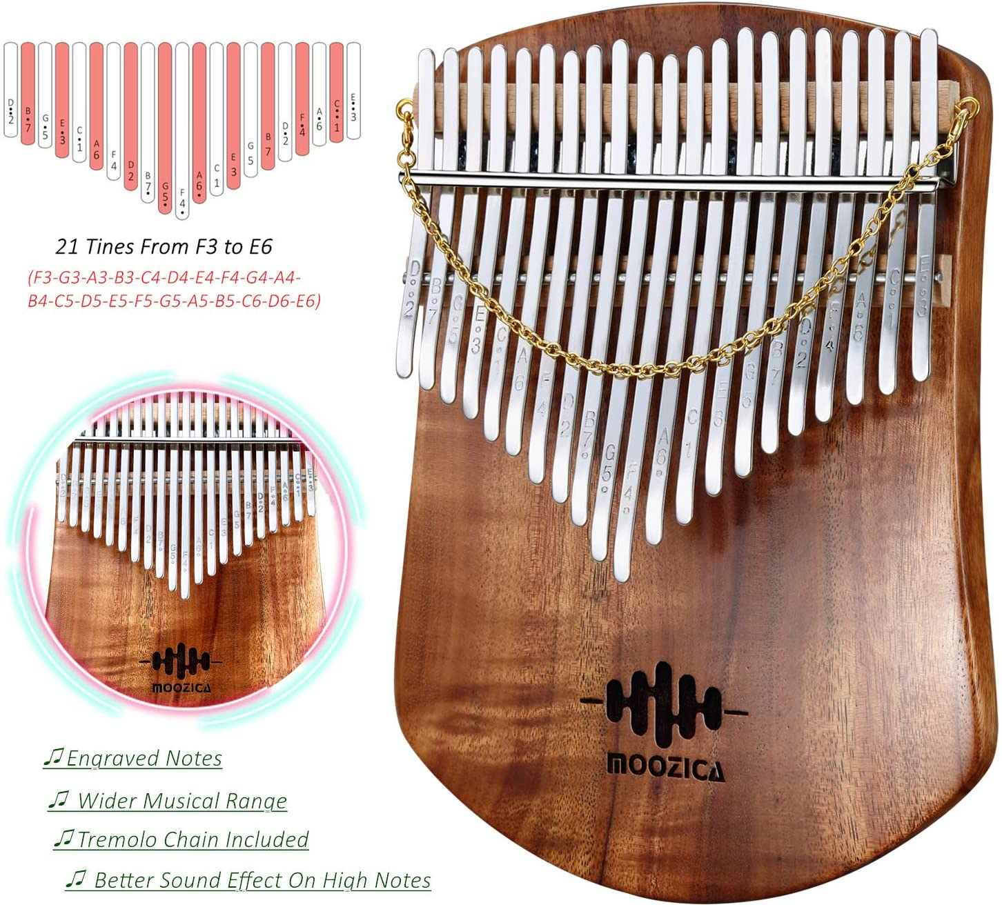 MOOZICA 21 Keys Solid Koa Kalimba, Single Solid Wood Board Professional Kalimba Thumb Piano Marimba with Learning Instruction and High Performance Carrying Case (Acacia Koa, K21KS) image number 1