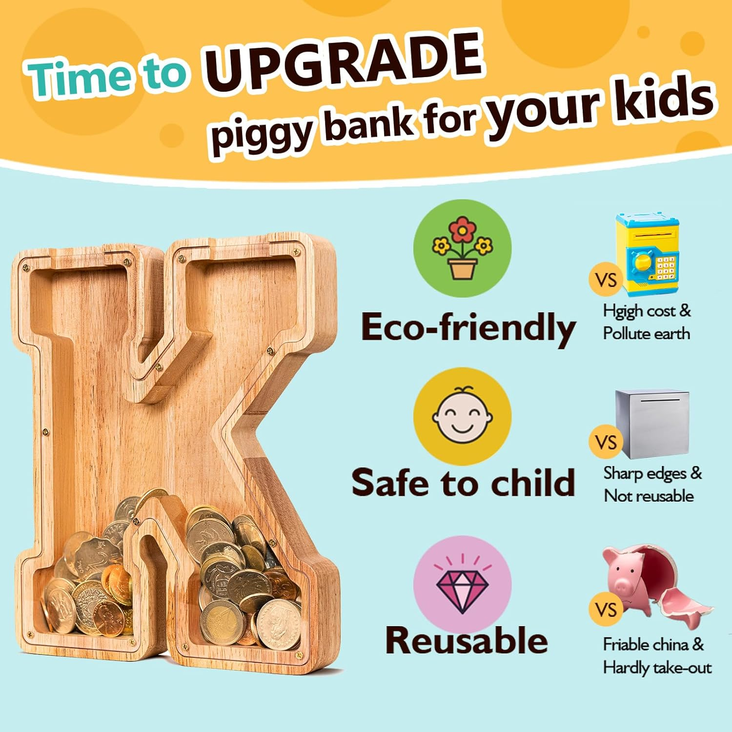 Summidate Wood Letter Piggy Bank| Piggy Bank for Boys| A-Z Alphabet Coin Bank for Kids|Children'S Day Gift(Initial-K) image number 5