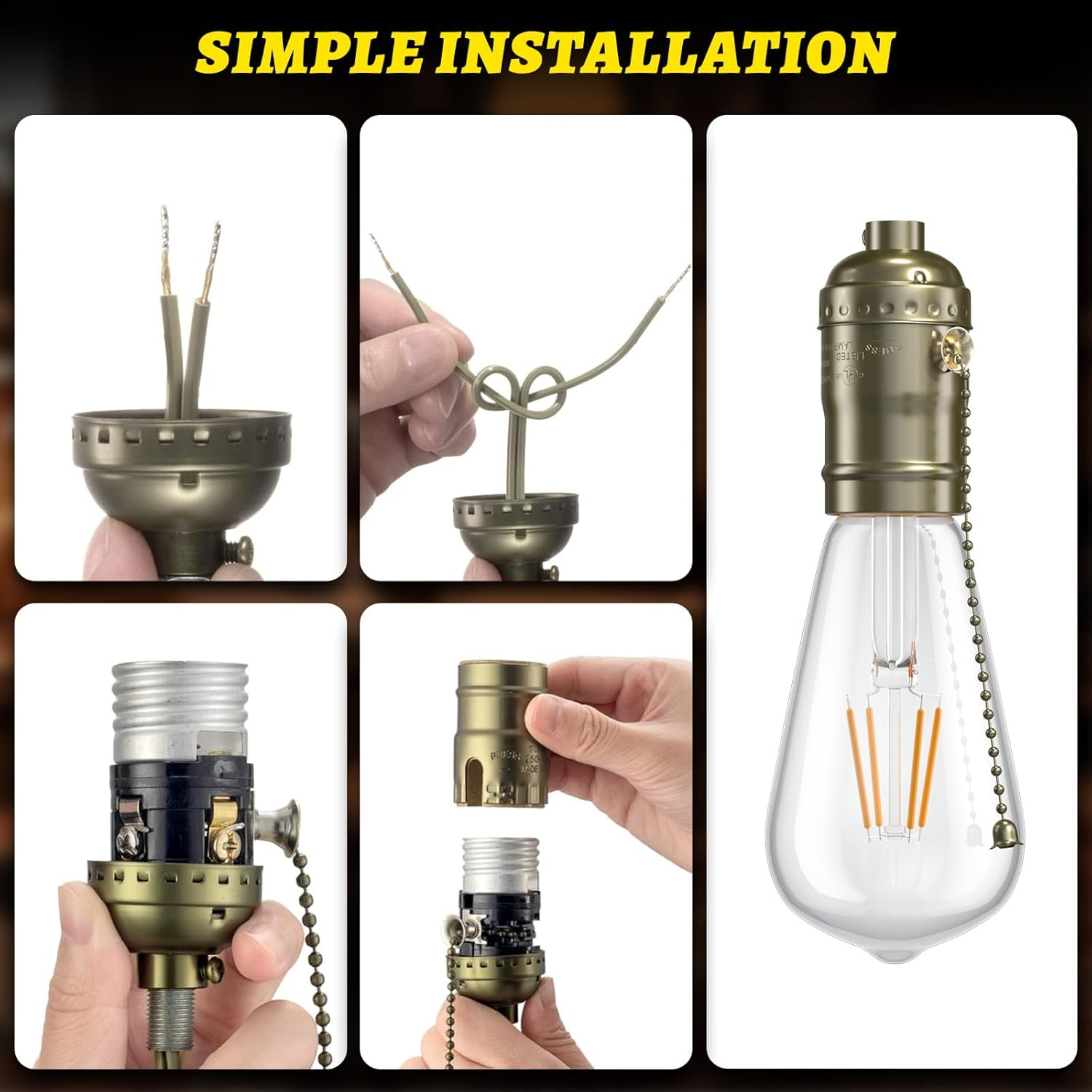 Brightark E27 Pull Chain Lamp Socket, E26/E27 Standard Threaded Base, Lamp Parts for Table and Floor Lamps, Light Bulb Socket with Pull Chain Lamp Switch, Lamp Socket Replacement, 1 Pcs(Antique Brass) image number 1