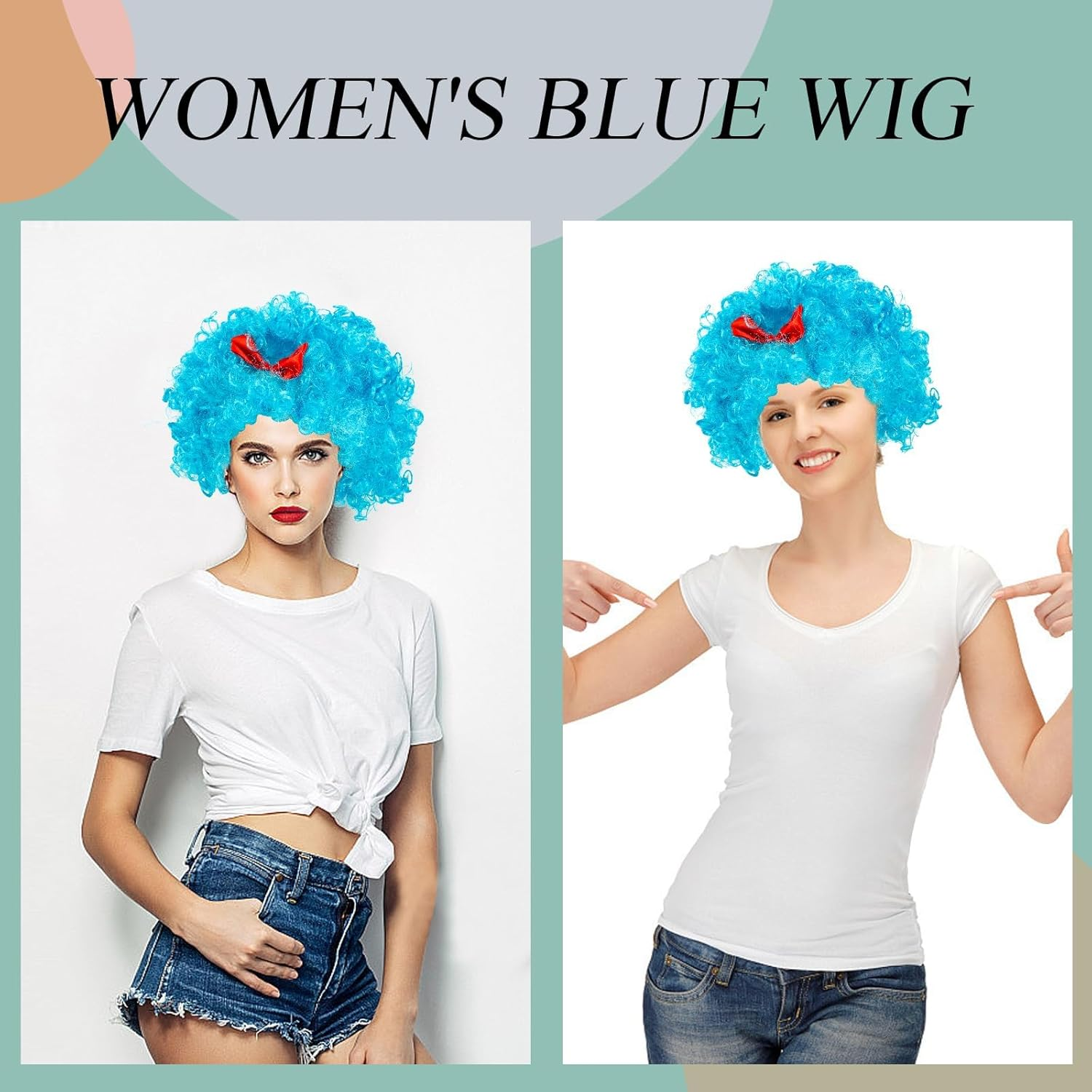 Kuskins 2 Pcs Blue Wigs for Thing 1 Cosplay Accessories - Curly Funky Afro Costume Wig for Reading Week, Halloween and Thing One Party image number 5
