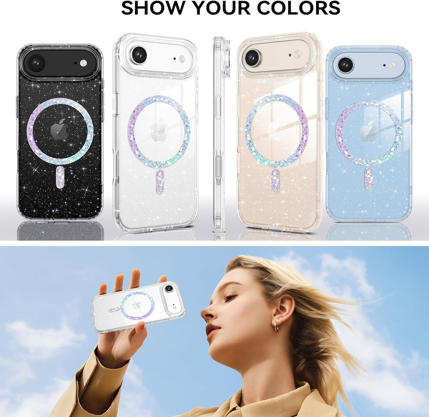 BENTOBEN Case for Iphone Air, Fancy Glitter Slim Magnetic Phone Case for Girls [Compatible with Magsafe] Cute Sparkle Colorful Bling Ring Non-Yellowing Cover for Iphone 17 Air 6.5 Inch 2025, Clear image number 6