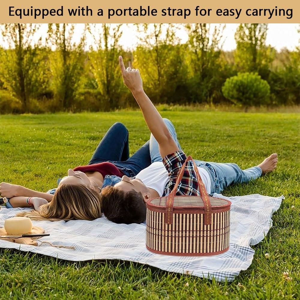 Wicker Picnic Basket with Removable Liner &ndash; Foldable Bamboo Woven Basket with Lid & Handles, Vintage Hamper for Picnic, Camping, Outdoor, Fruit, Bread, Gifts & Food Storage image number 2