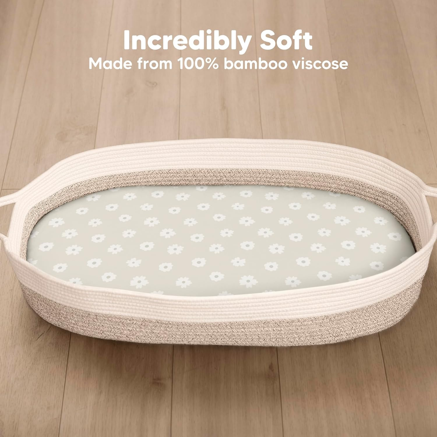 2-Pack Baby Bassinet Sheets Girl, Boy - Soft Bamboo Fitted Cot Sheets Compatible with Halo Bassinest Swivel Sleeper, Baby Delight Bedside Cot Mattress Sheet, Bassinet Fitted Sheets (Meadow) - Soft White image number 3