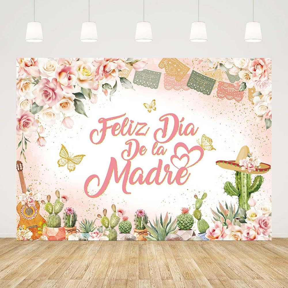 AIBIIN Feliz D&iacute;a De La Madre Backdrop Pastel Pink Floral Thank You Mom Party Decor Cactus Butterfly Best Mom Ever Party Banner Photo Props 7X5Ft image number 2