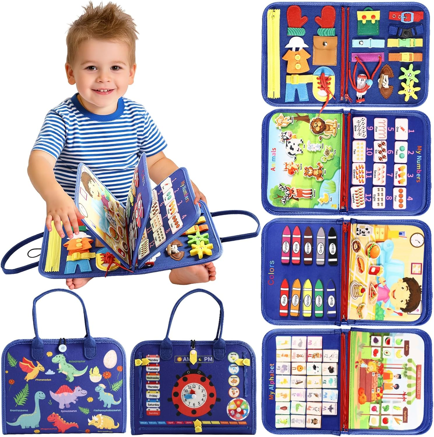 MINIBEAR Busy Board Montessori Toys for Toddlers, Kids Busy Book Toddler Sensory Toy, Preschool Educational Activities with Zipper Removable for 3 4 5 Years Girls Boys, Plane Car Travel Toys for Baby image number 3