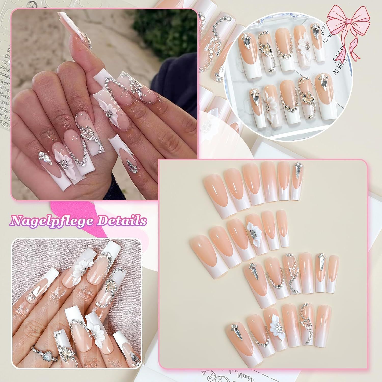 24 Pieces Long Ballerina White Fingernails for Sticking in French Nails - Press on Design with Rhinestones and Flowers, Acrylic Adhesive Fake Nail for Women Artificial Nails - Coffin False Nails image number 3
