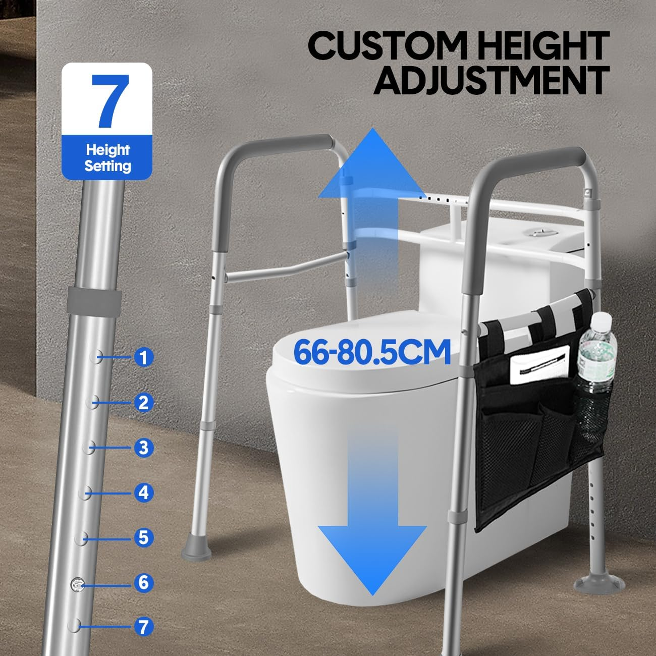 Adjustable Toilet Safety Seat Risers for Seniors with Storage Pouch,Stand Alone Toilet Safety Frame with Handles for Elderly image number 3