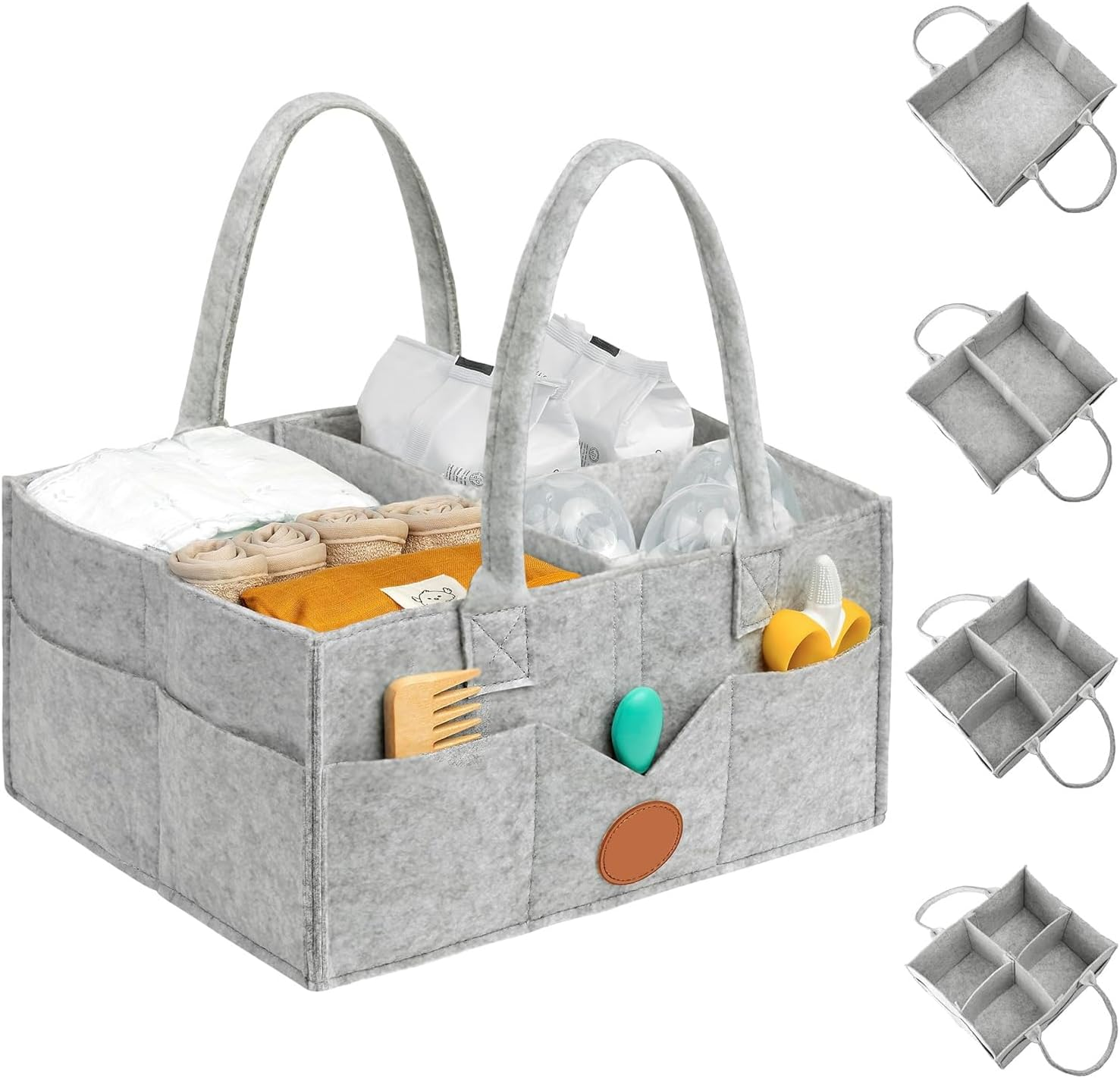 Baby Diaper Caddy Organizer, Nappy Caddy Organiser, Felt Cloth Multi Pocket Storage Bin Basket with Handle for Indoor Outdoor (Grey)