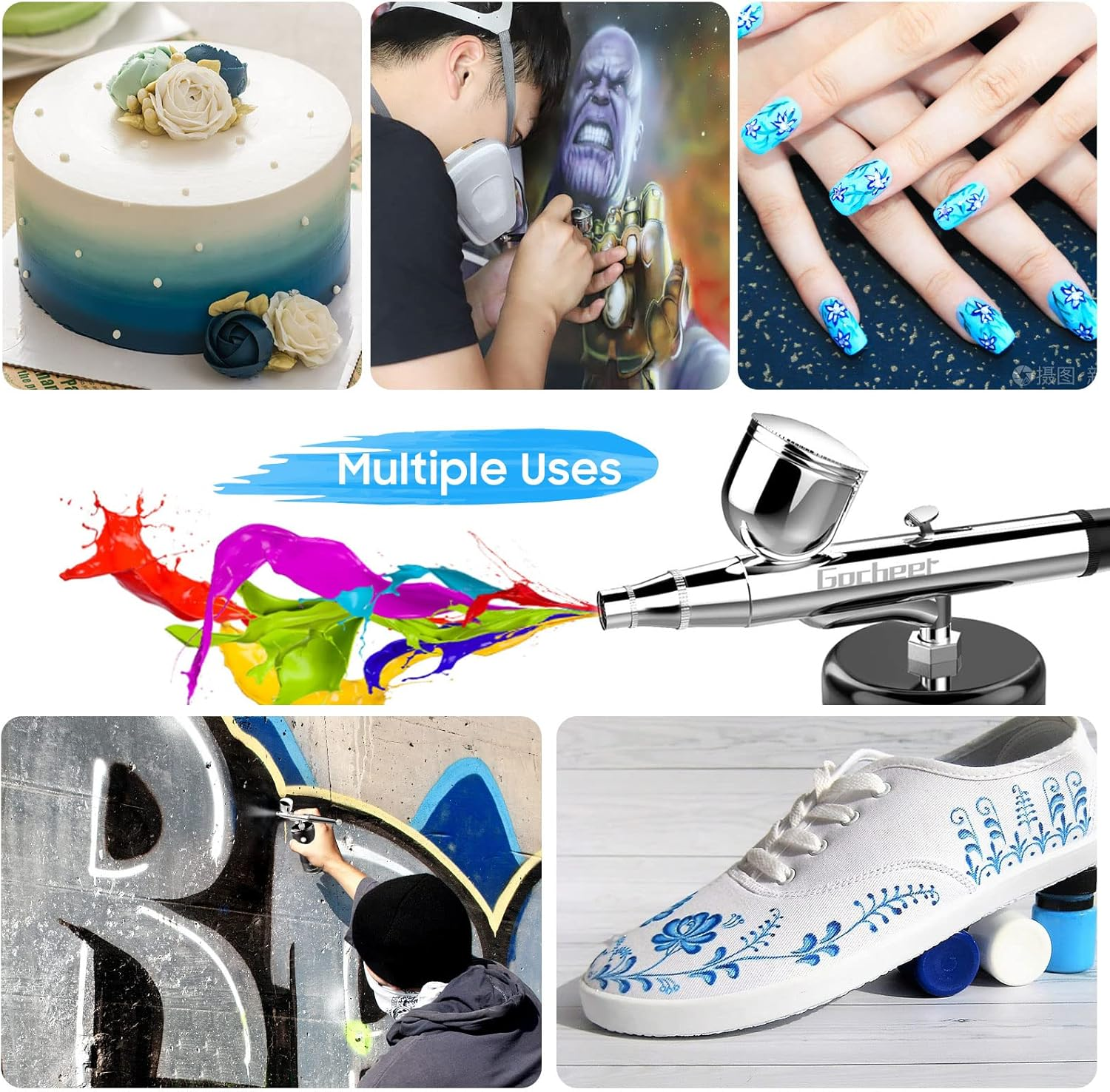 COSSCCI Handheld Airbrush Kit, Mini Air Compressor Spray Gun Single Action USB Rechargeable Airbrush Set for Makeup Art Nail Painting Tattoo Manicure Cakes (Black) image number 2