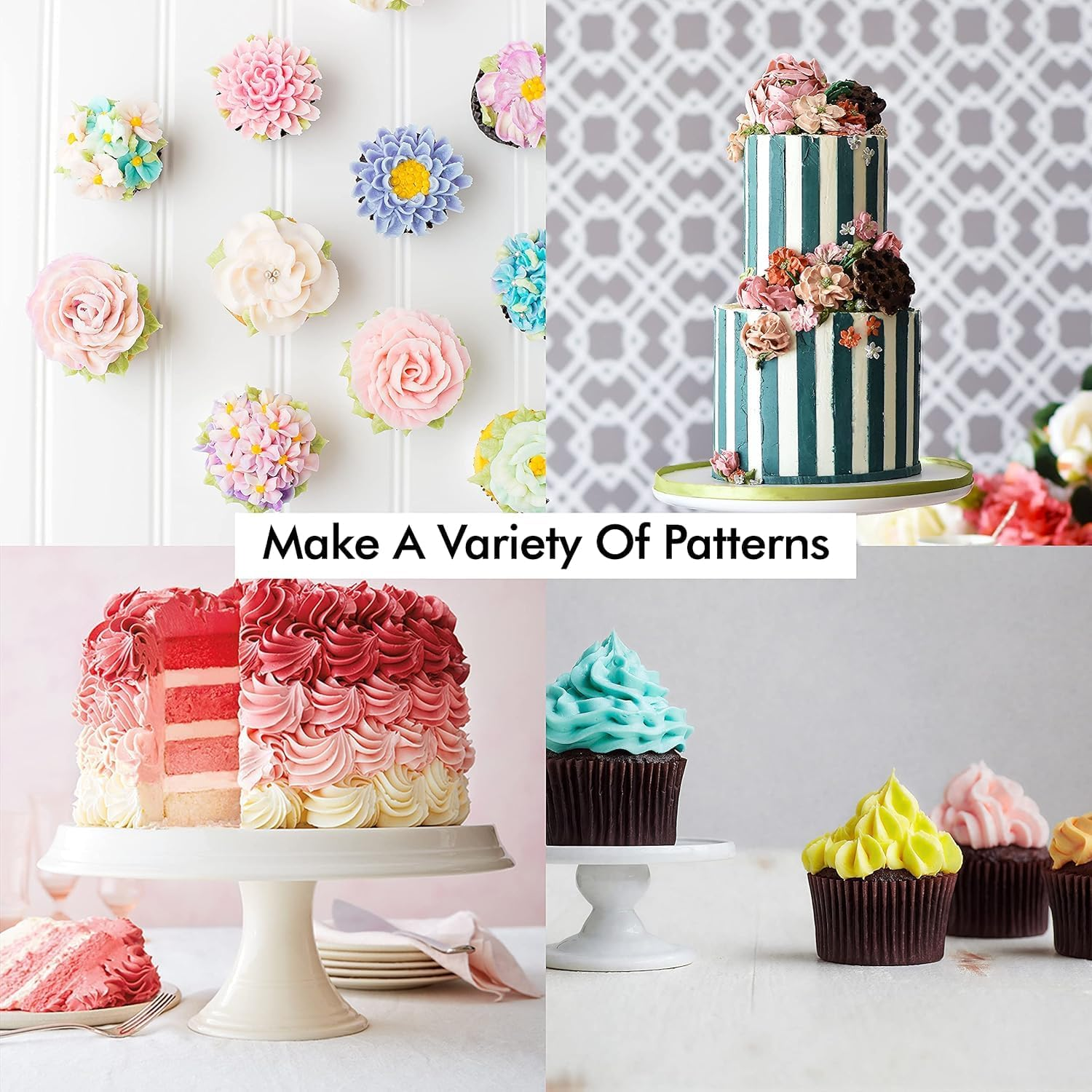 Silicone Piping Bags, 6 Pcs Stainless Steel Nozzles Set with Coupler, 30Cmx17Cm-1 Reusable Icing Piping Bag with Cleaning Brush for Decorating Cakes, Pastries & Cupcakes (Pack of 10)