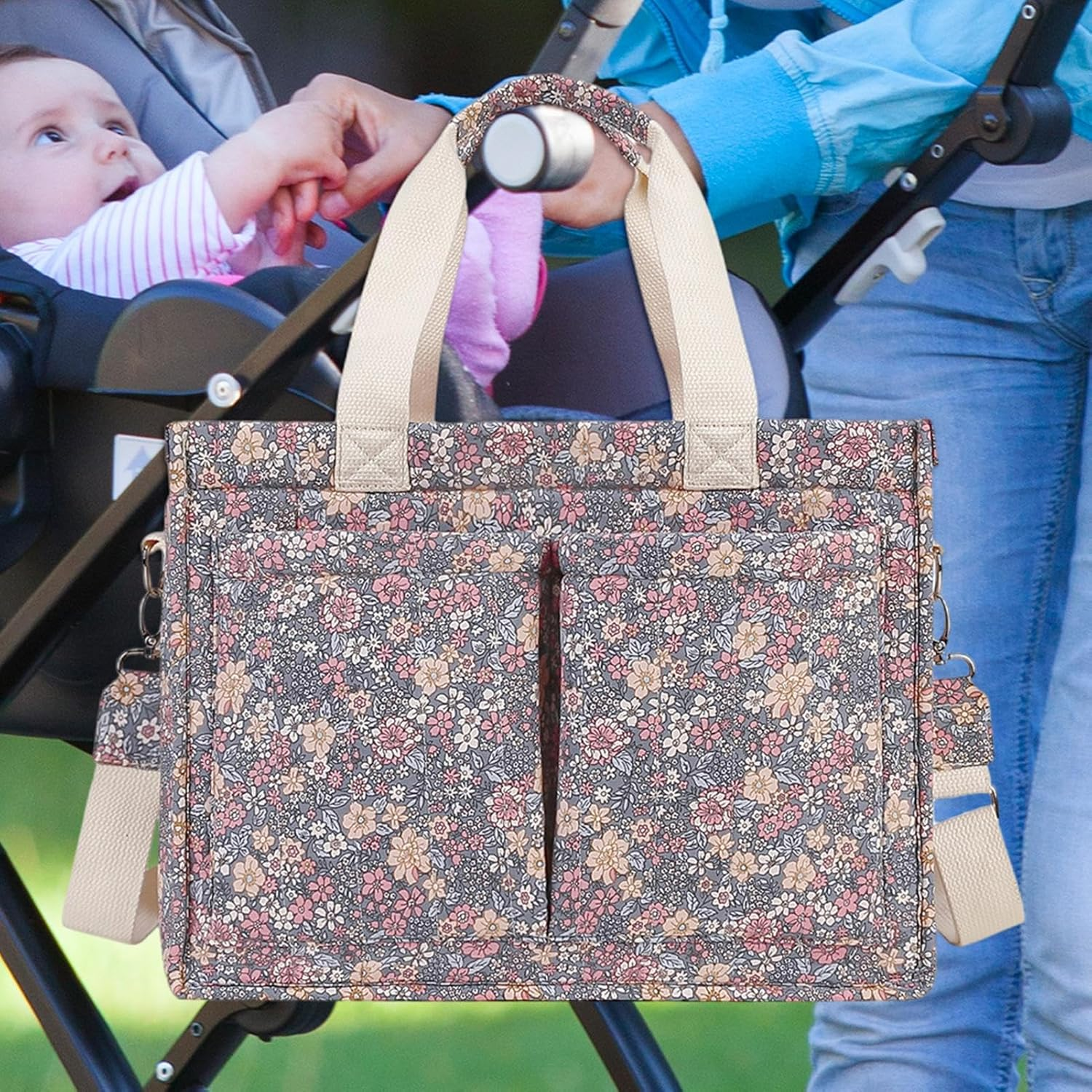 Lightweight Stroller Tote Diaper Bag - Small Diaper Organizer | Portable Baby Caddy with Classic Floral Pattern, Travel Diapers Bag for Moms with Space for Diapers Wipes Toys Bottles Outdoor Trips image number 6