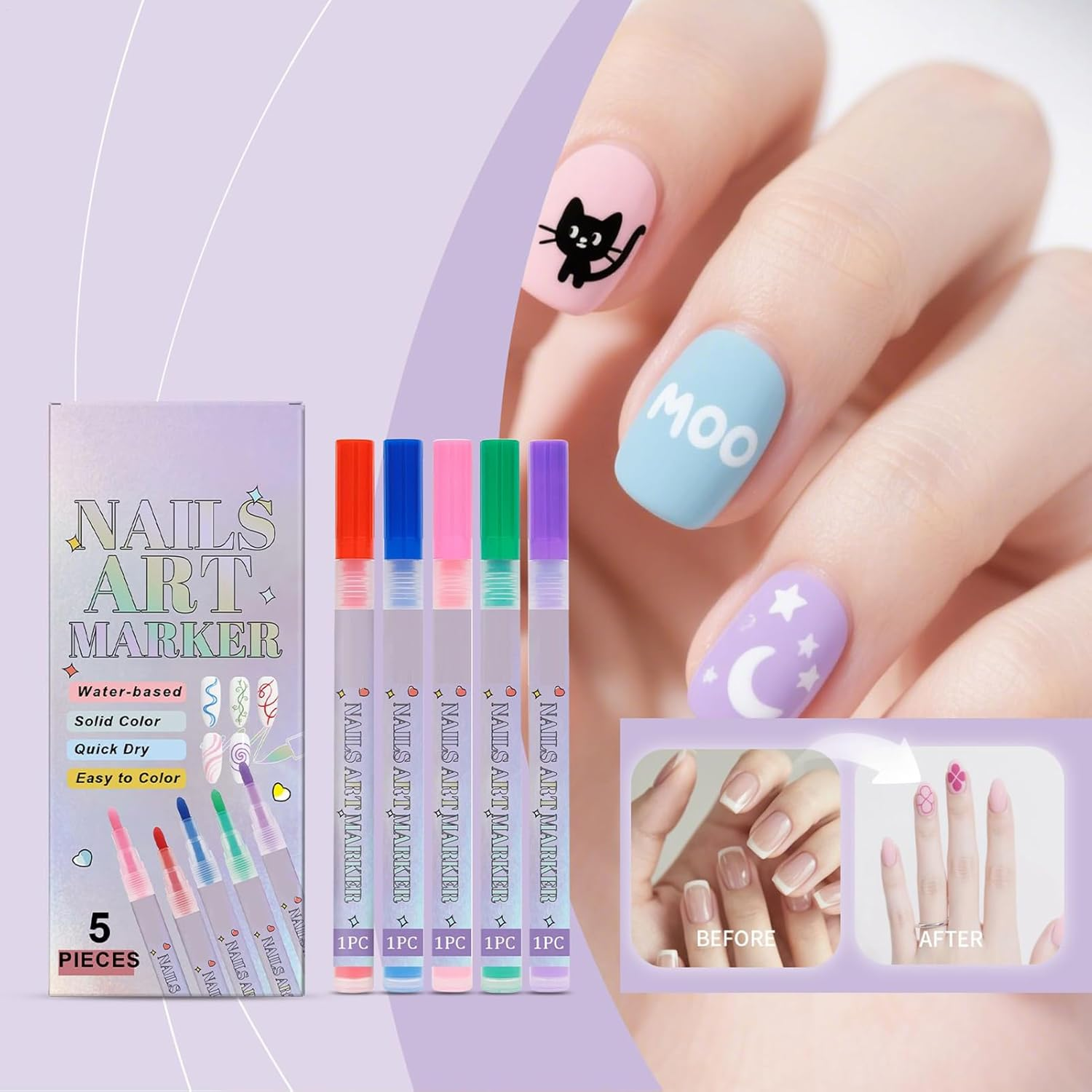 Nail Paint Pens,Point Liner Pen Drawing Painting for Nails Design - 5 Colors Quick-Drying Manicure Decoration Graffiti Doodle Markers for Indoor Home Beauty Salon Outdoor image number 5