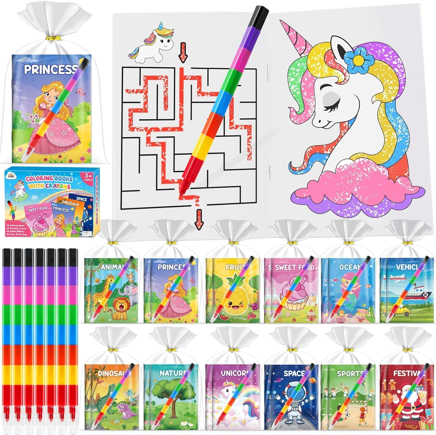 ZMLM 24 Coloring Books for Kids Party Favors with 24 Stacking Crayons Set 26 Gift Bags, Mini Coloring Books for Ages 4-8 Small Activity Books for Birthday Classroom Gifts Goodie Bag Stuffers image number 6