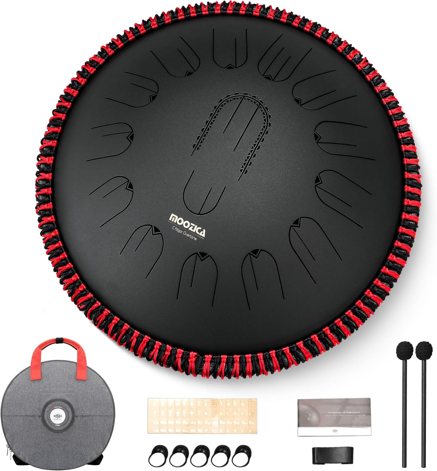 MOOZICA 15 Inch Steel Handpan Tongue Drum - 15 Notes in C Major 432Hz Tongue Drum with Octave Overtone Design - Professional Percussion Tongue Drum Instrument with Carry Bag White